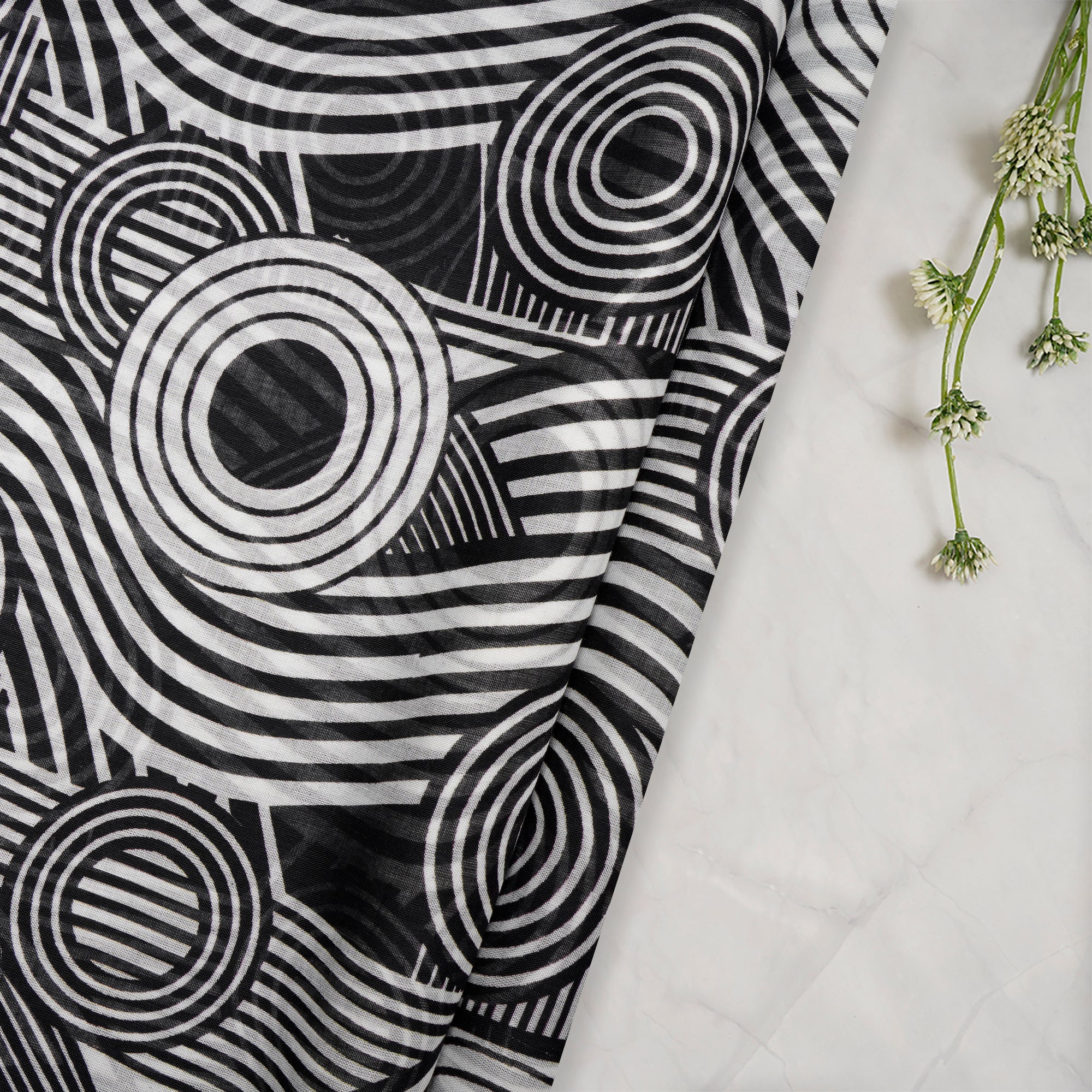 Black-White Geometric Pattern Screen Printed Cotton Fabric