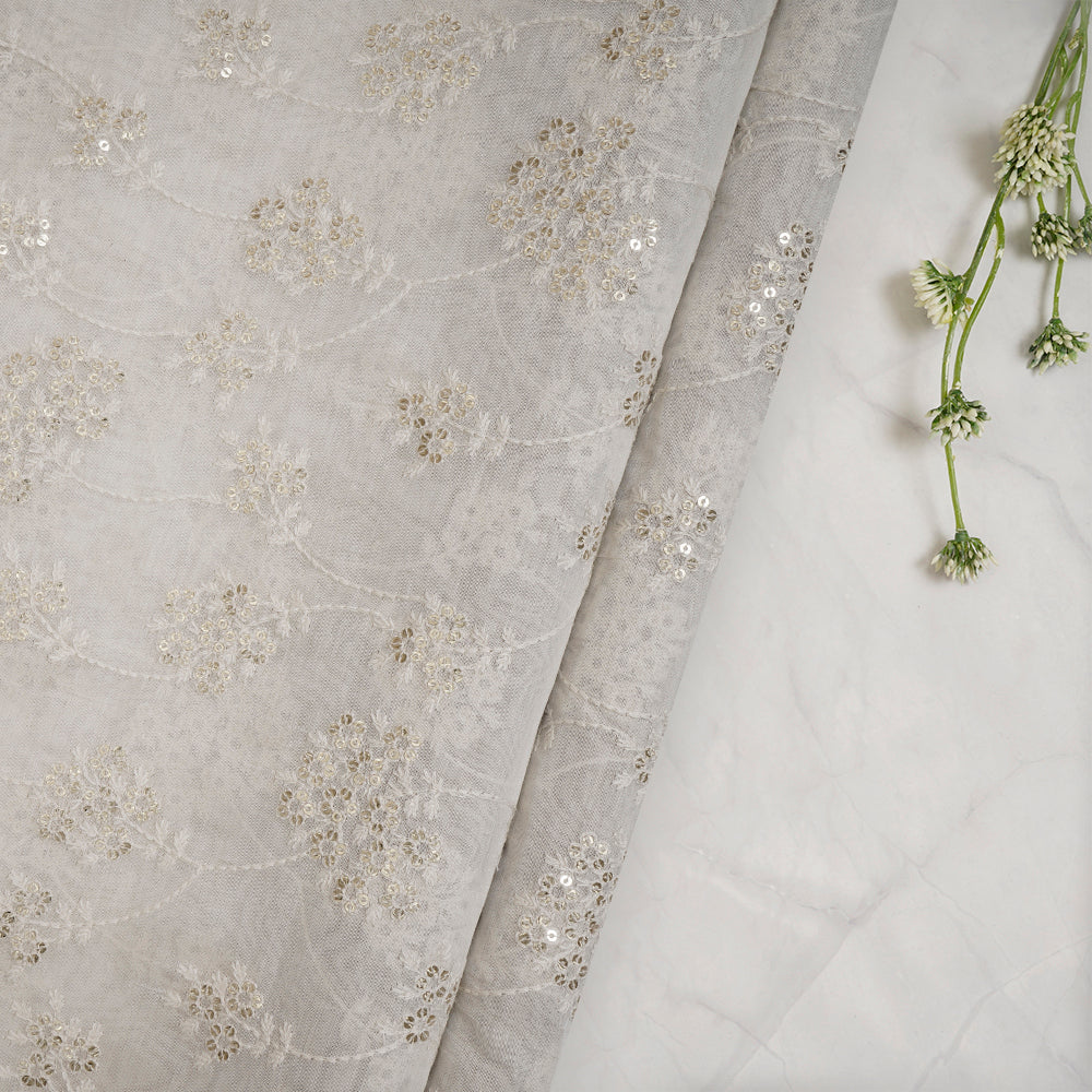 Off White Color Embroidered Pure Fine Chanderi Fabric
