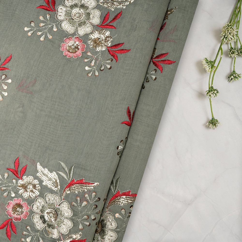 Pastel Mint Green Color Sequins Embroidered Handcrafted Chanderi Fabric