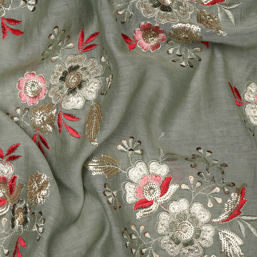Pastel Mint Green Color Sequins Embroidered Handcrafted Chanderi Fabric