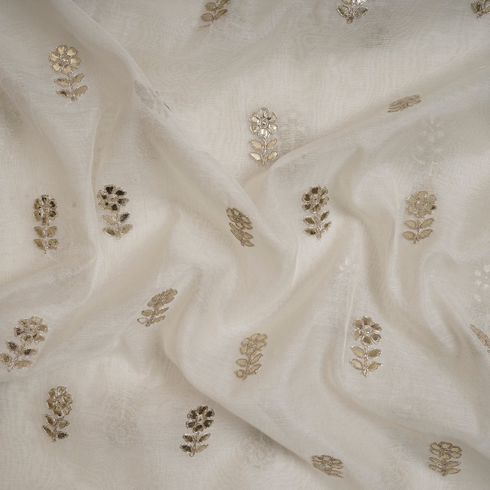 White Color Embroidered Pure Fine Chanderi Fabric