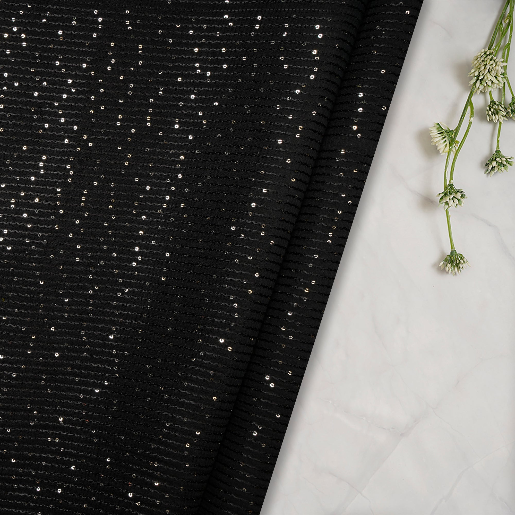 Black Color Sequins Embroidered Pure Chanderi Fabric