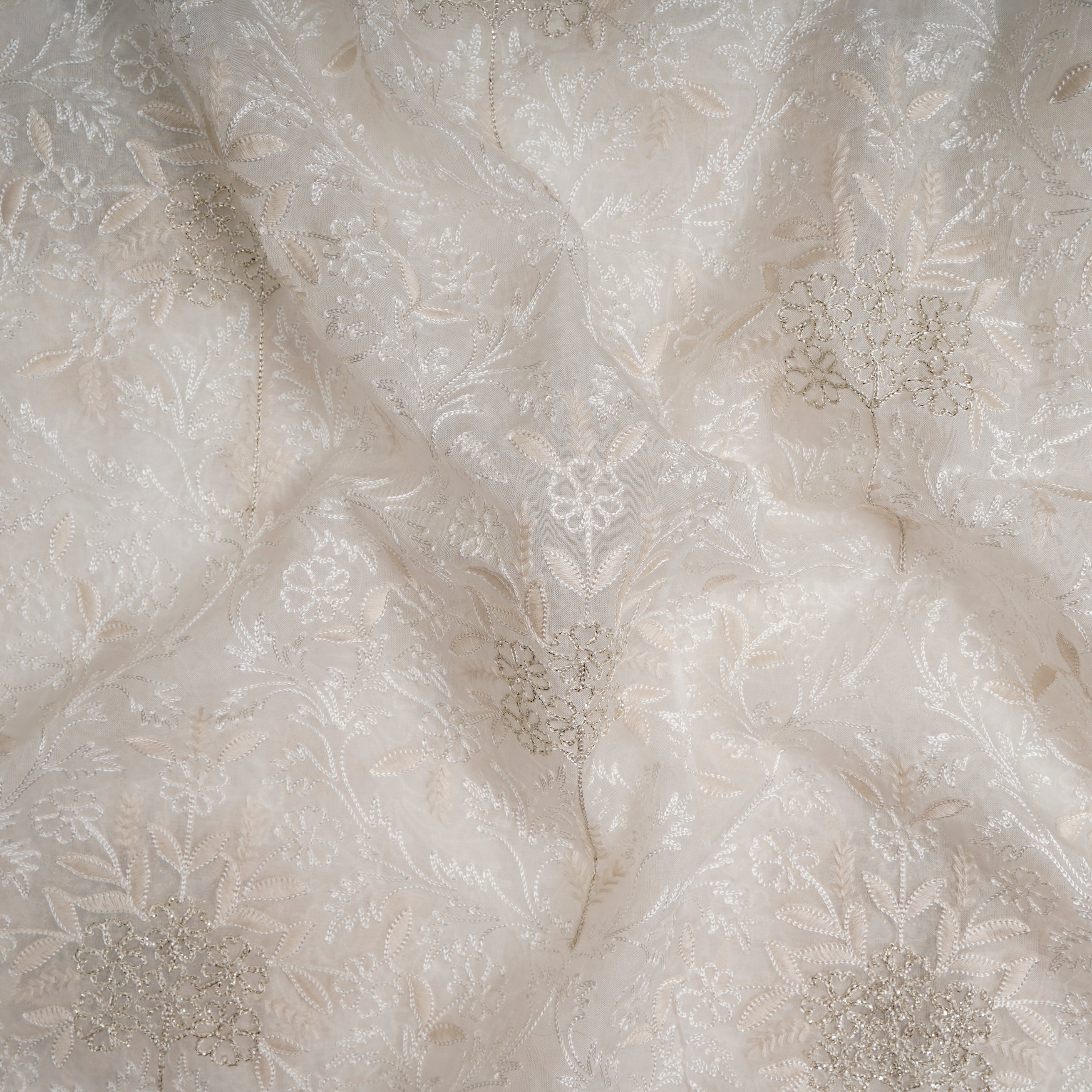 Off White Color Embroidered Viscose Organza Fabric