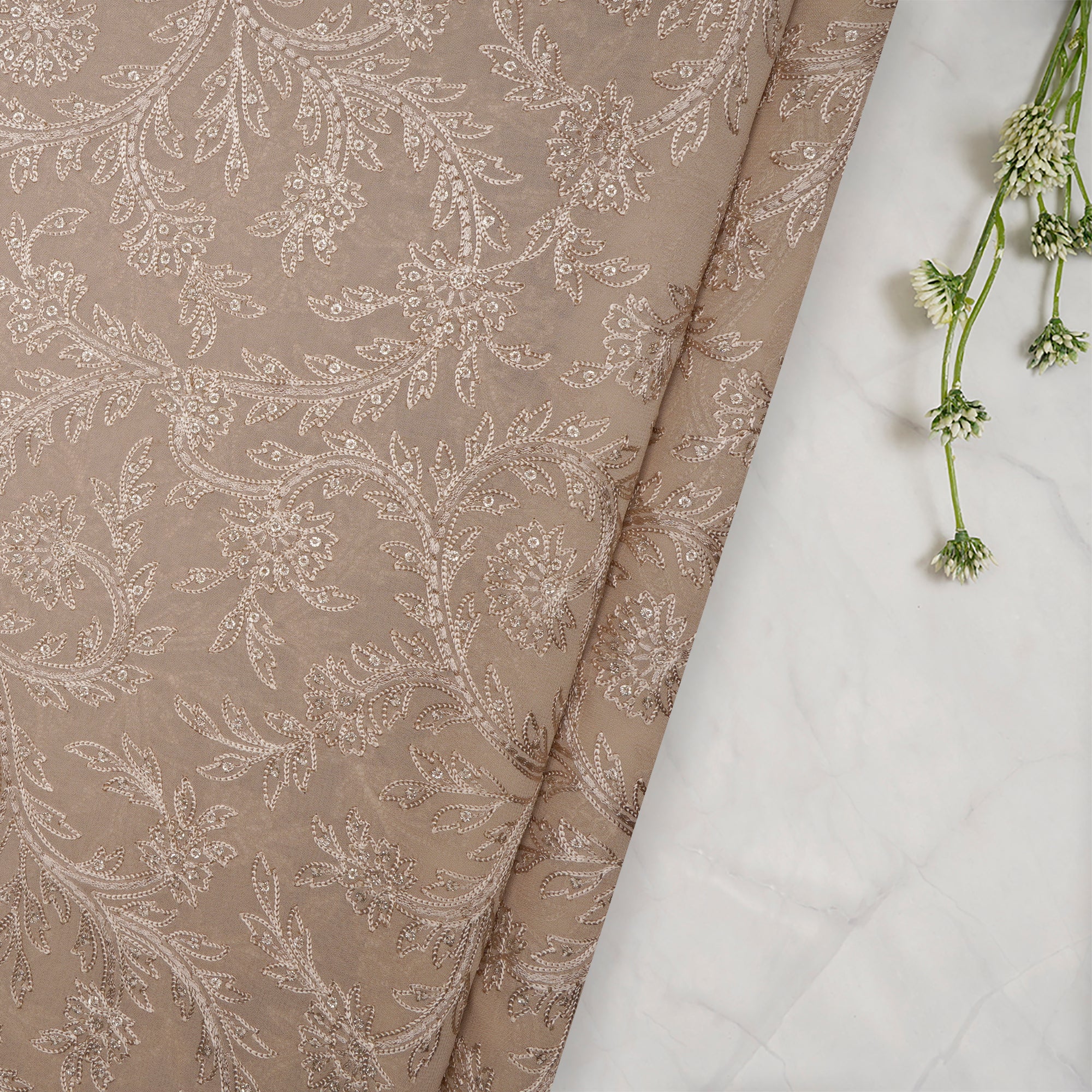 White Swan Thread All Over Embroidered Viscose Organza Fabric