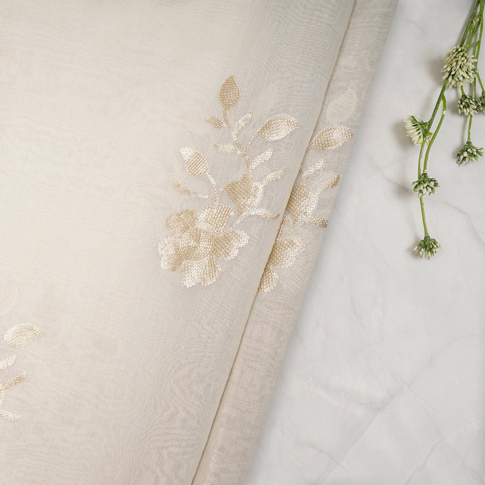 Off White Color Embroidered Sequins Work Pure Chanderi Fabric