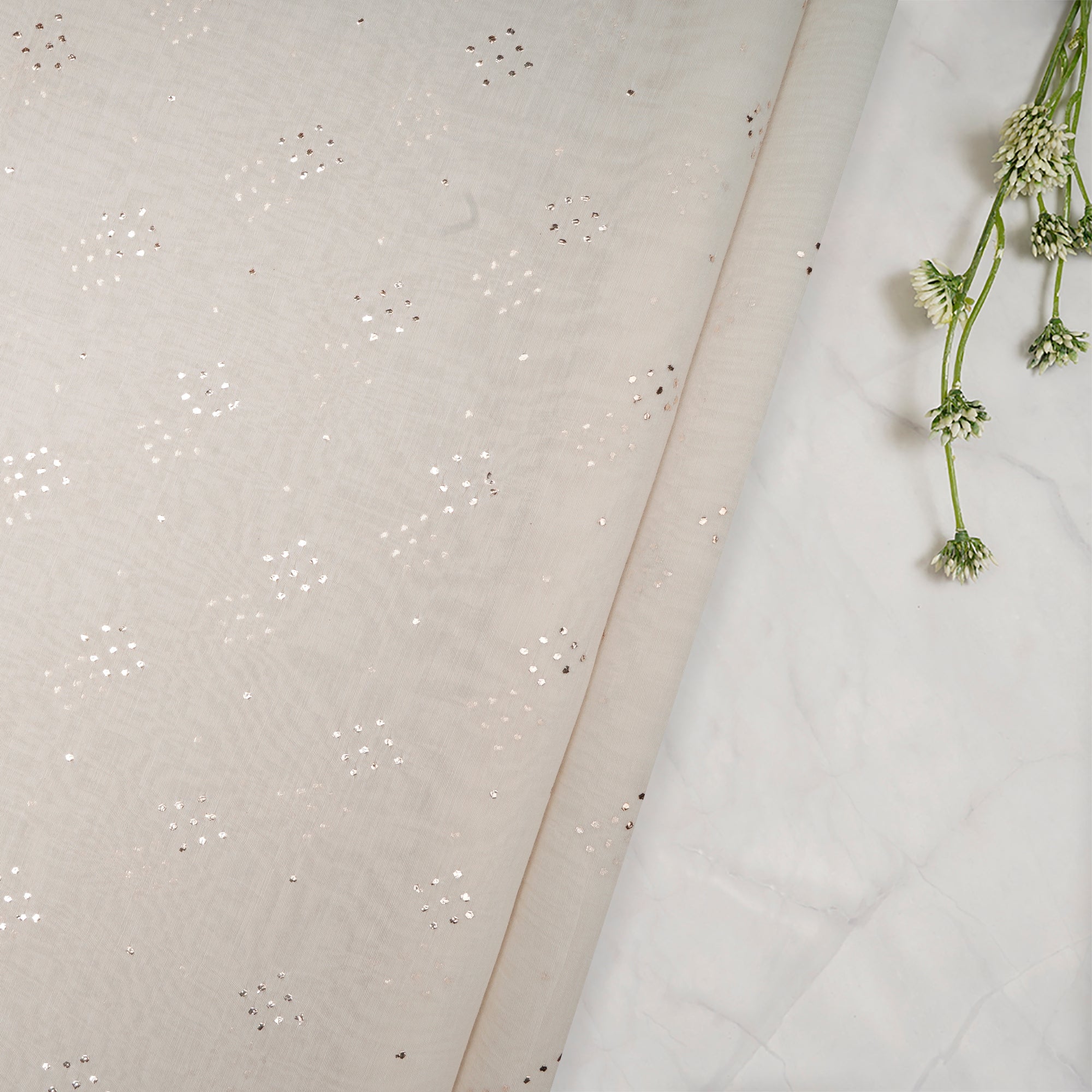 White Dyeable All Over Pattern Hand Embroidered Mukaish Work Chanderi Fabric