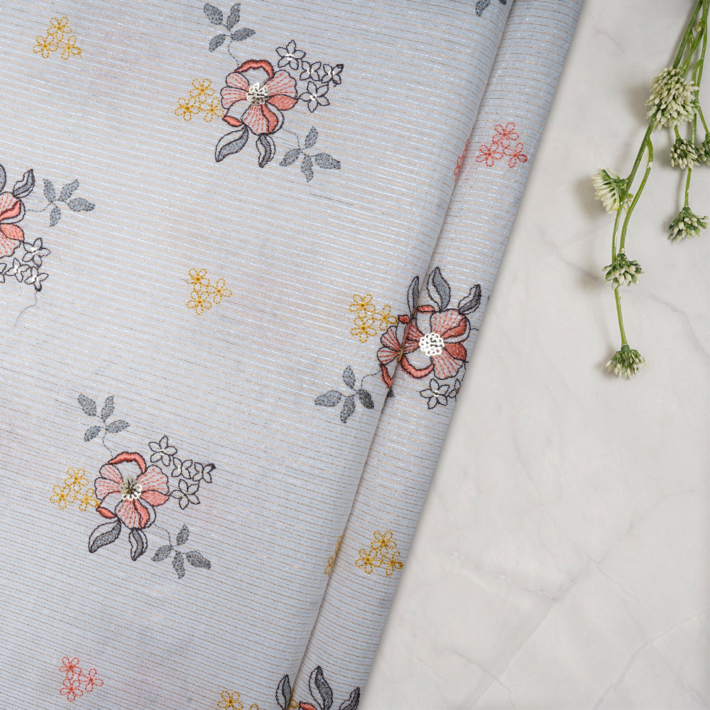 White Color Embroidered Cotton Fabric With Lurex Striped
