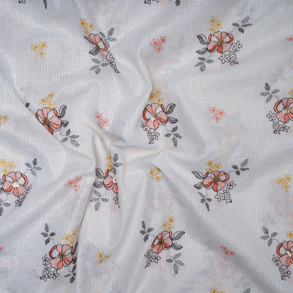 White Color Embroidered Cotton Fabric With Lurex Striped