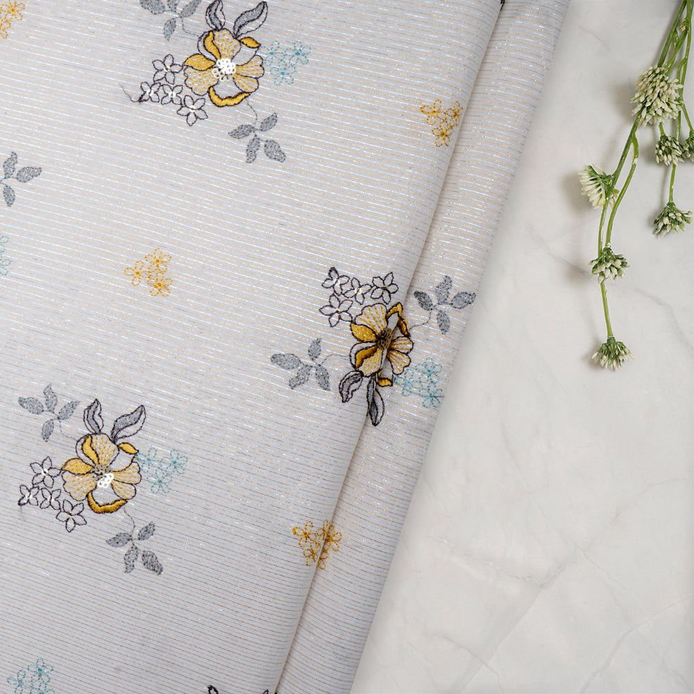 Off White Color Embroidered Plain Cotton Fabric With Lurex Striped