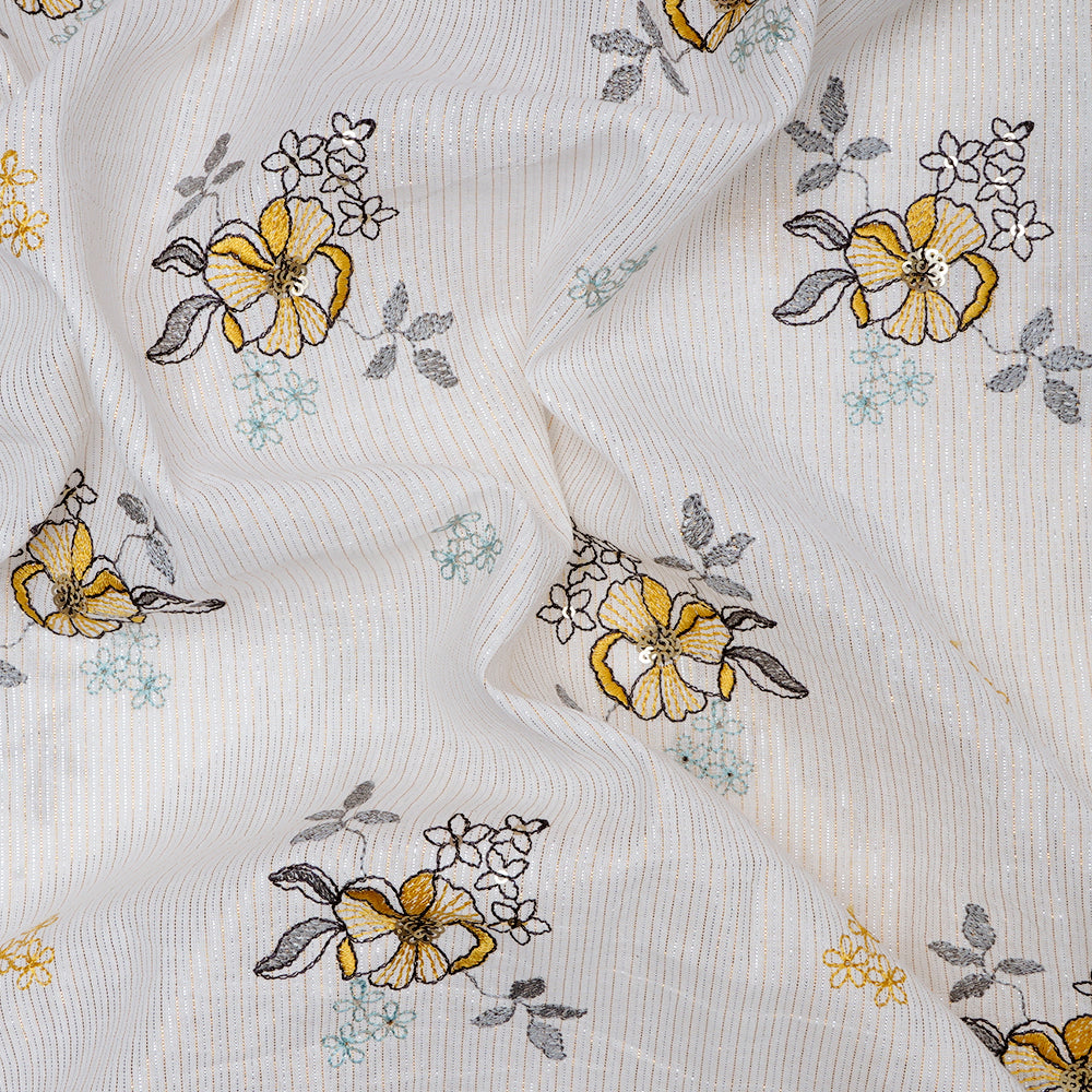 Off White Color Embroidered Plain Cotton Fabric With Lurex Striped
