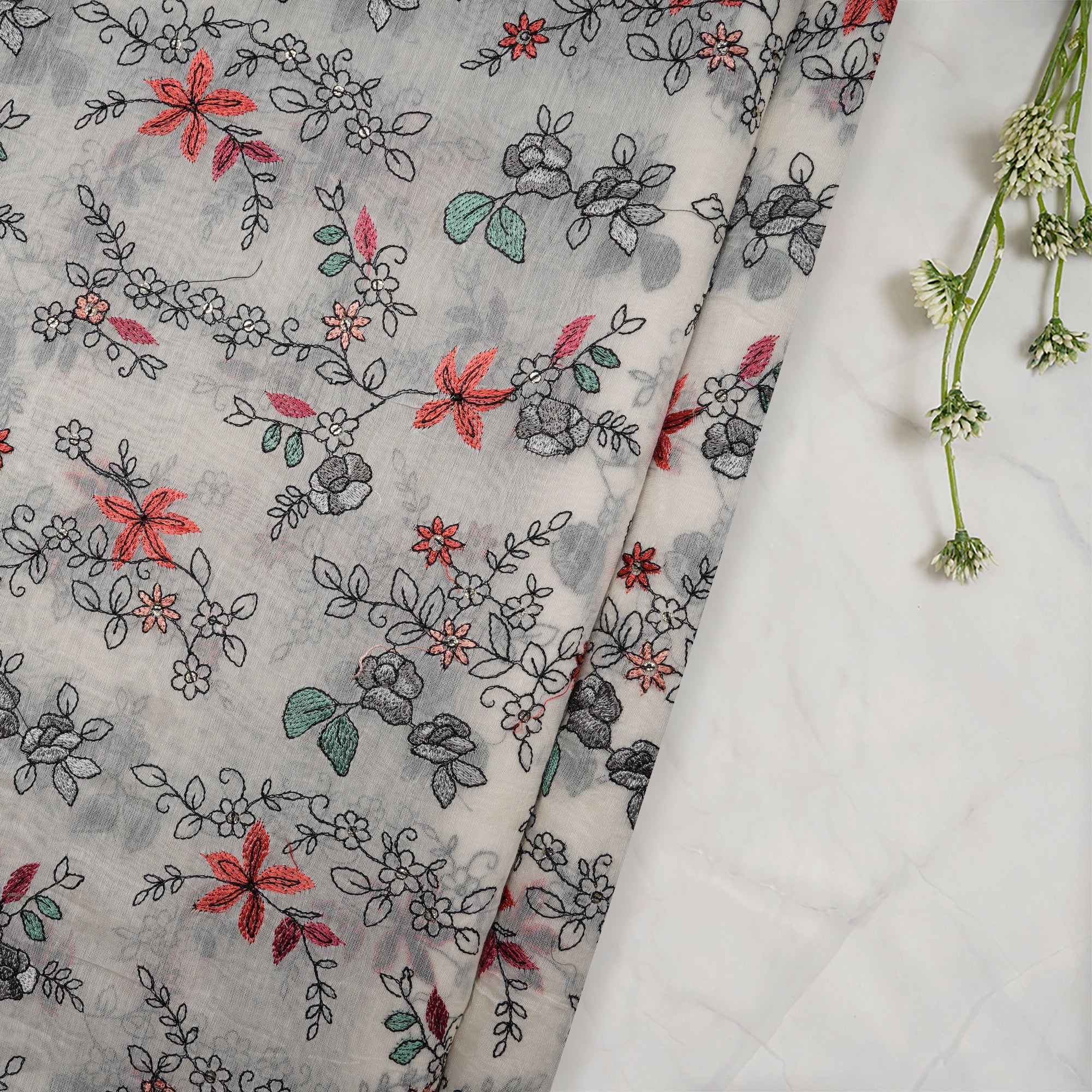 Off-White Floral Pattern Embroidered Chanderi Fabric