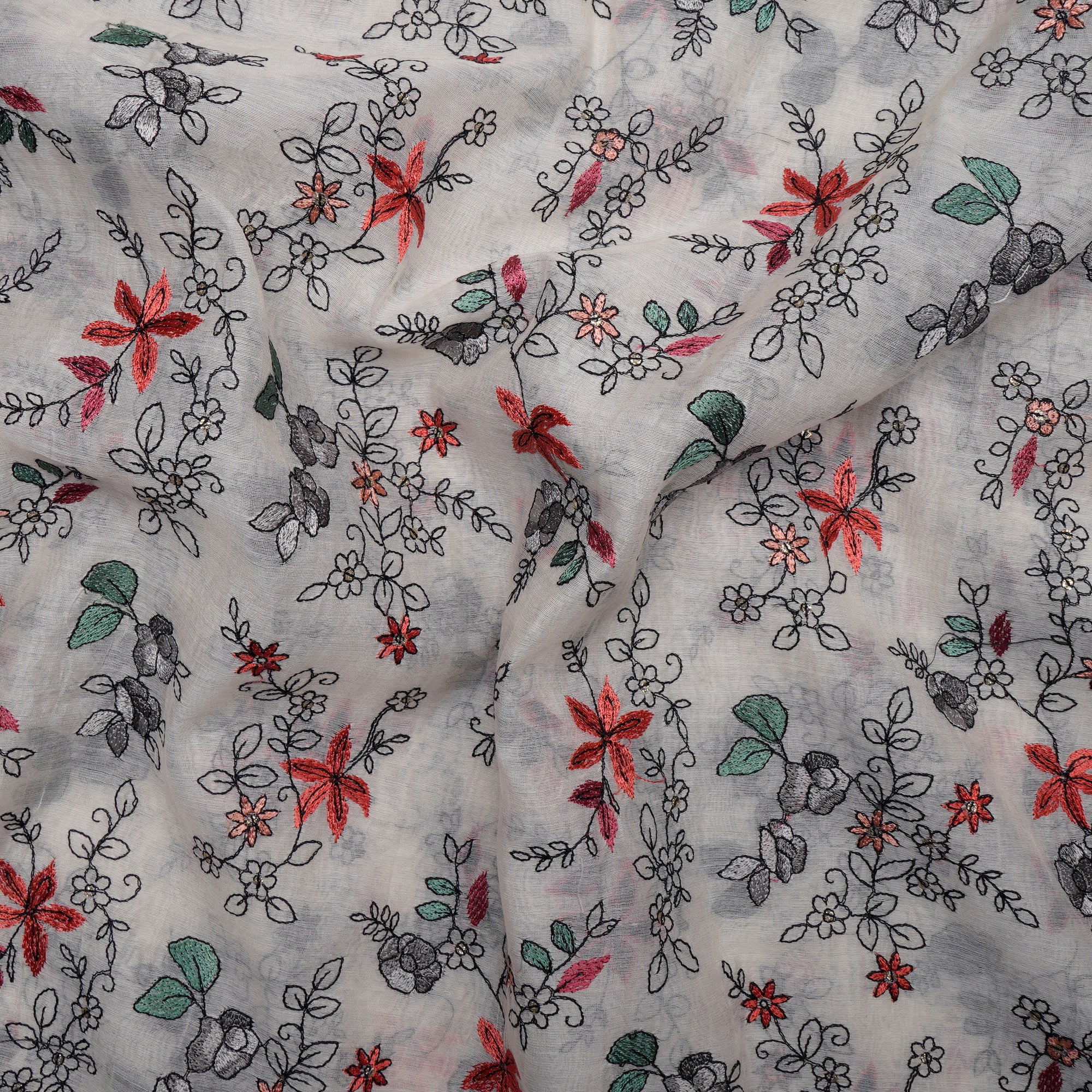 Off-White Floral Pattern Embroidered Chanderi Fabric