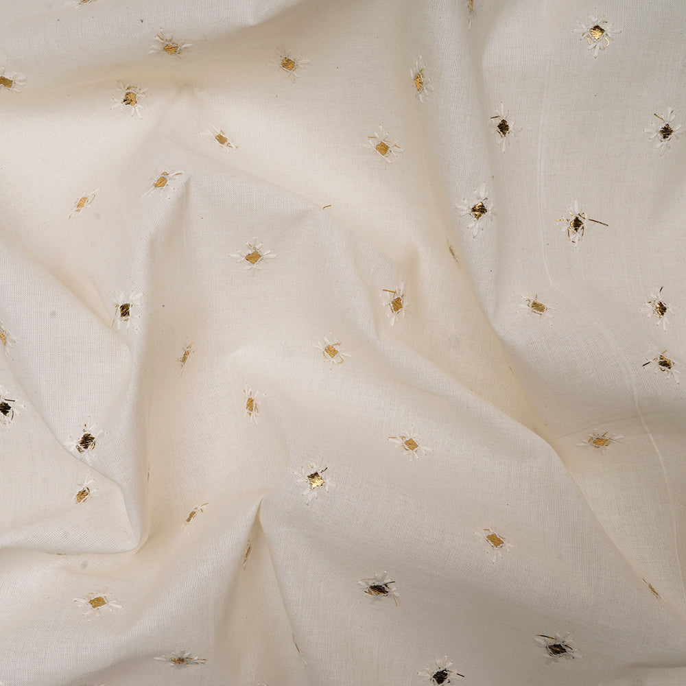 Off White Color Embroidered Cotton Fabric With Mukaish Work