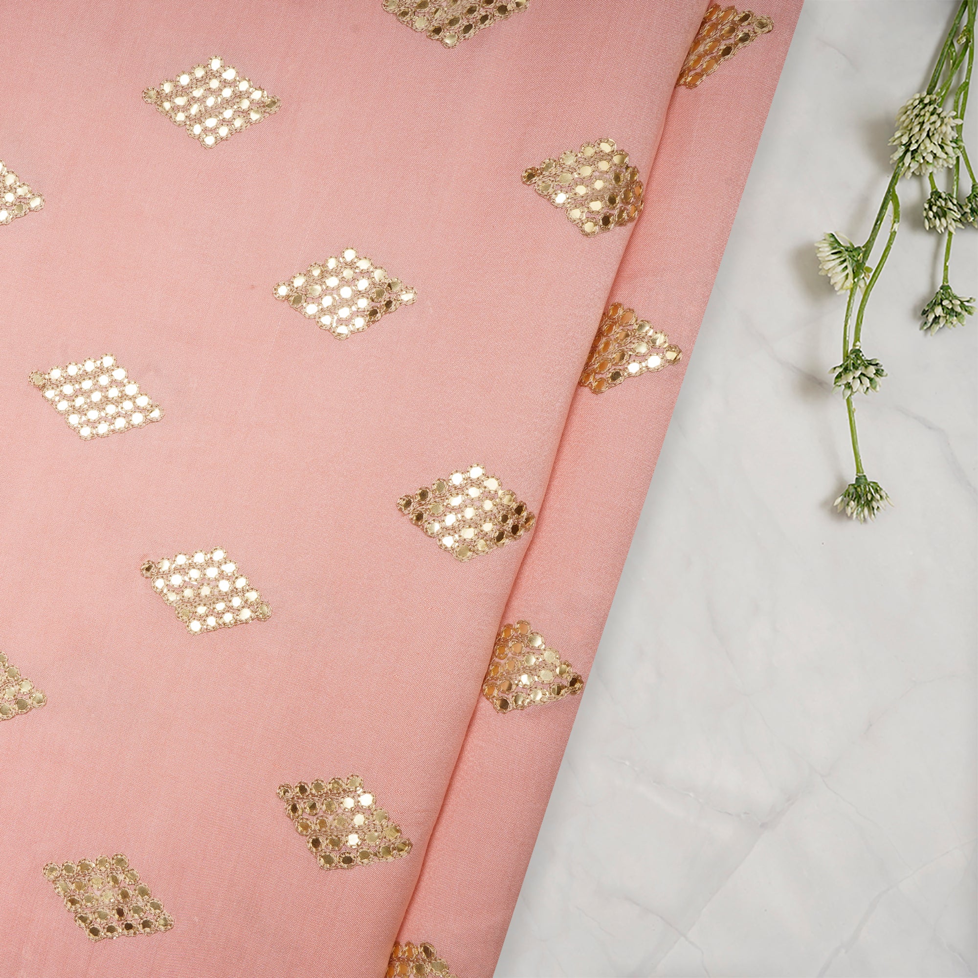 Light Pink Daimond Pattern Embroidered Viscose Silk Fabric