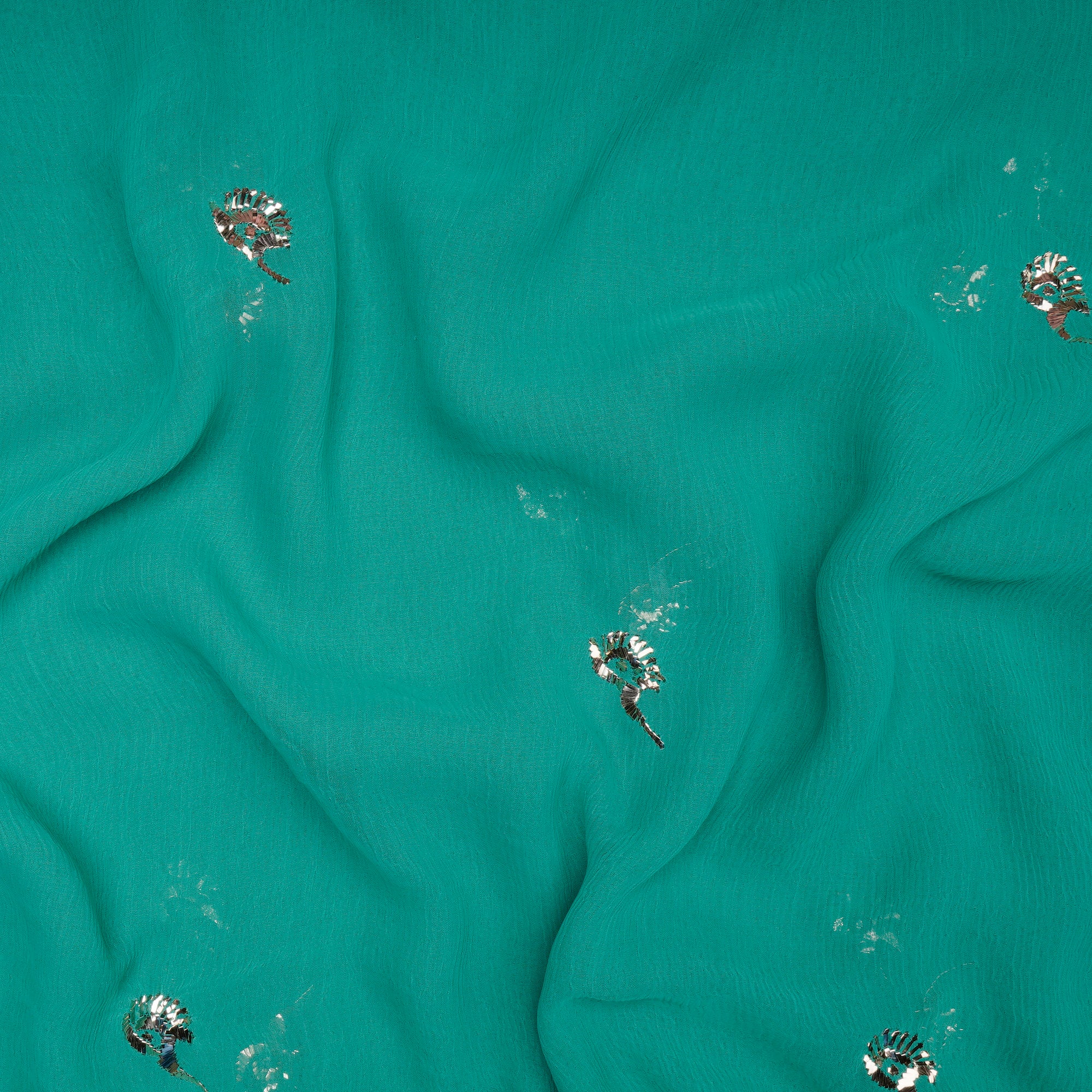 Seafoam Green Handcrafted Mukaish Work Pure Chiffon Fabric