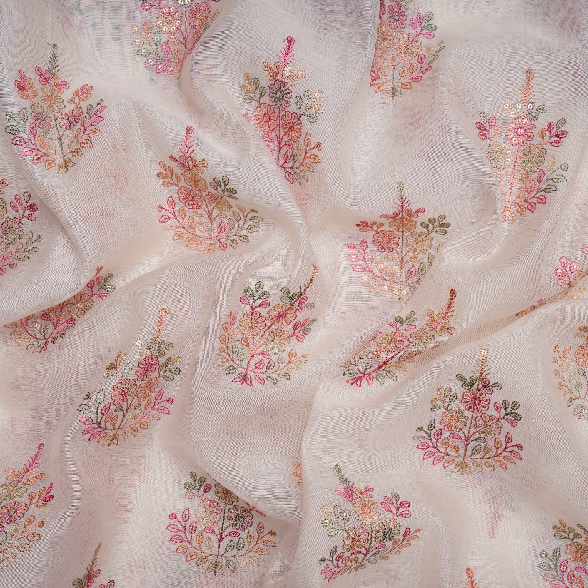 Off White Floral Pattern Embroidered Chanderi Fabric
