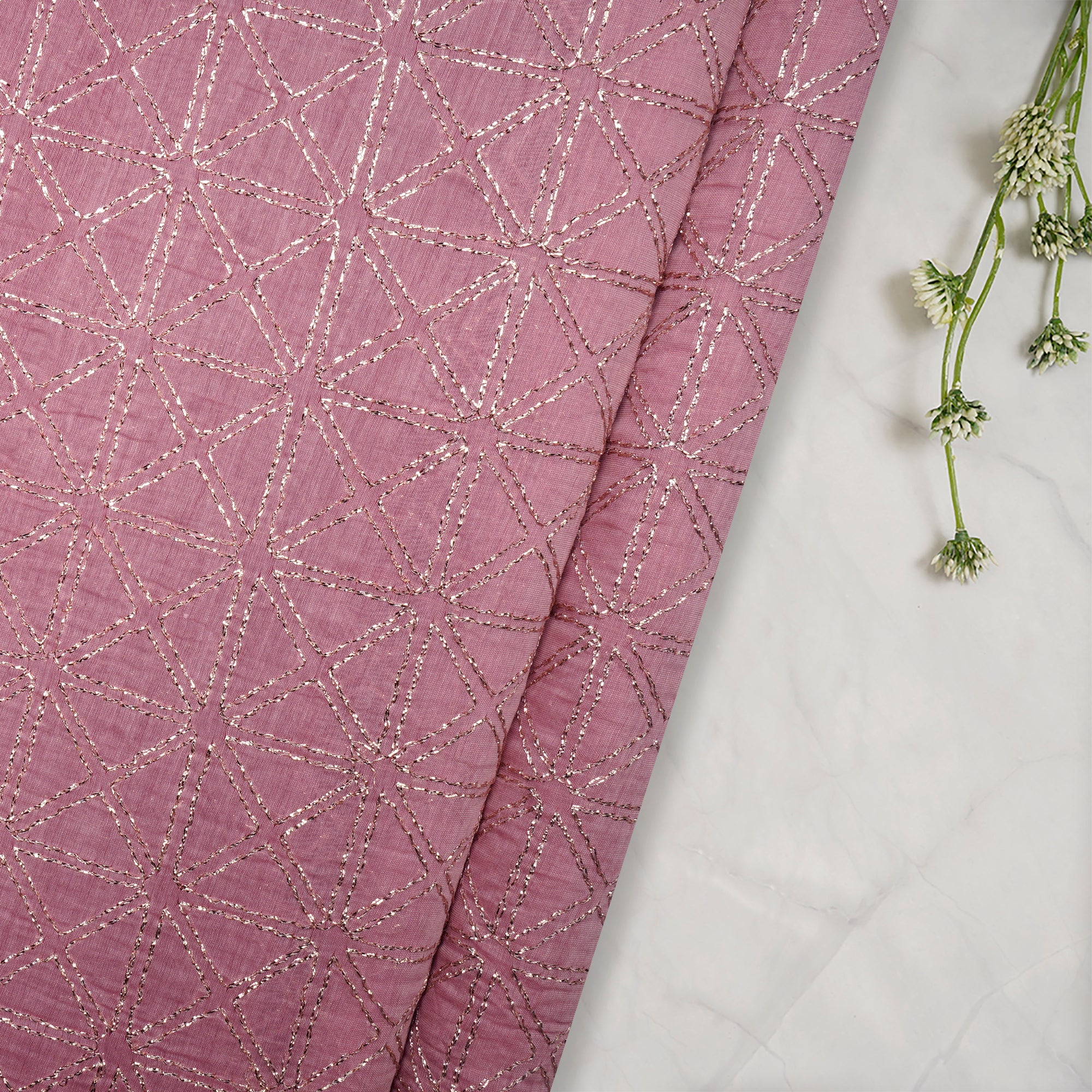Blush Pink Geometric Pattern Embroidered Chanderi Fabric