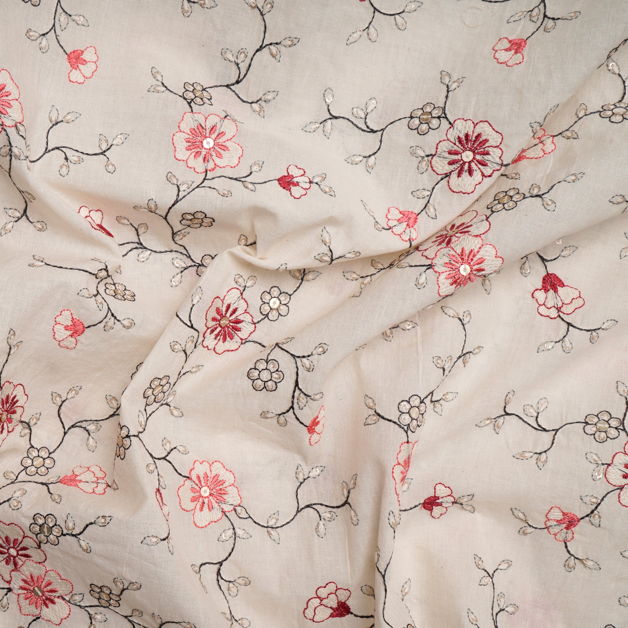 Cream All Over Floral Pattern Embroidered Cotton Fabric