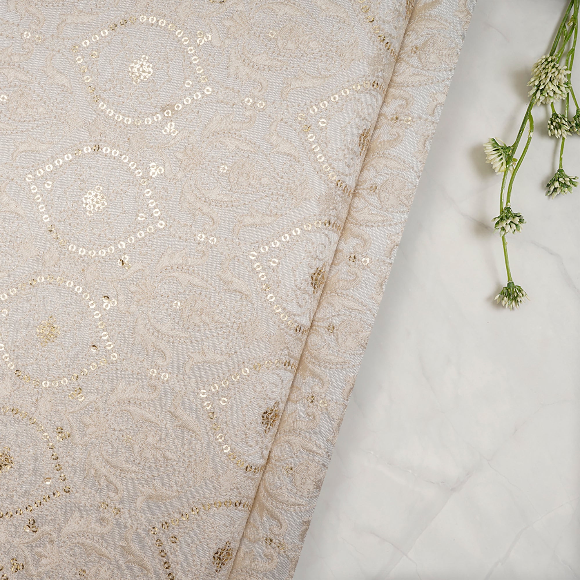 White Dyeable Traditional Pattern Embroidered with Thread & Sequine Mysore Silk Fabric
