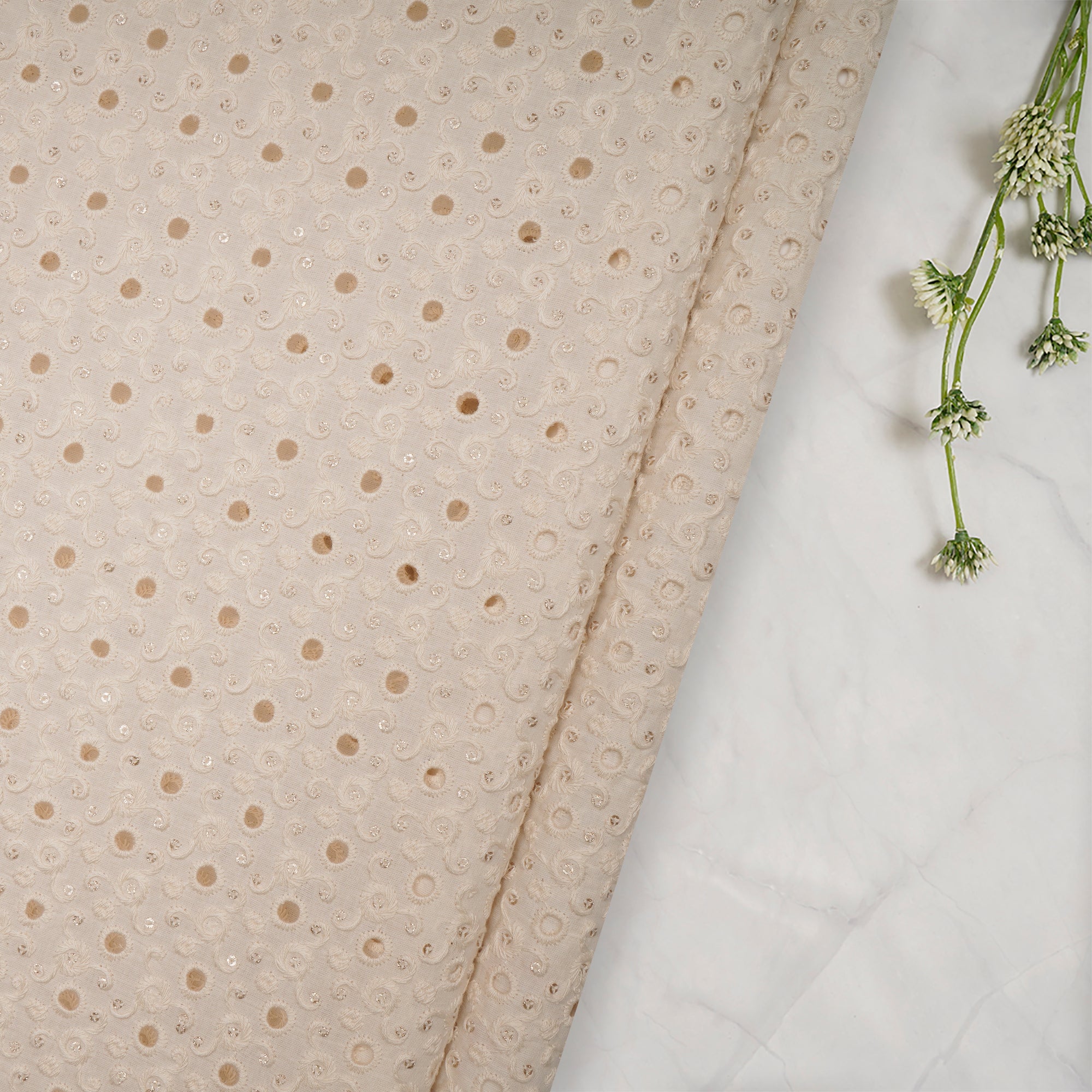 Cream All Over Cut Work Emboidered Kora Cotton Fabric