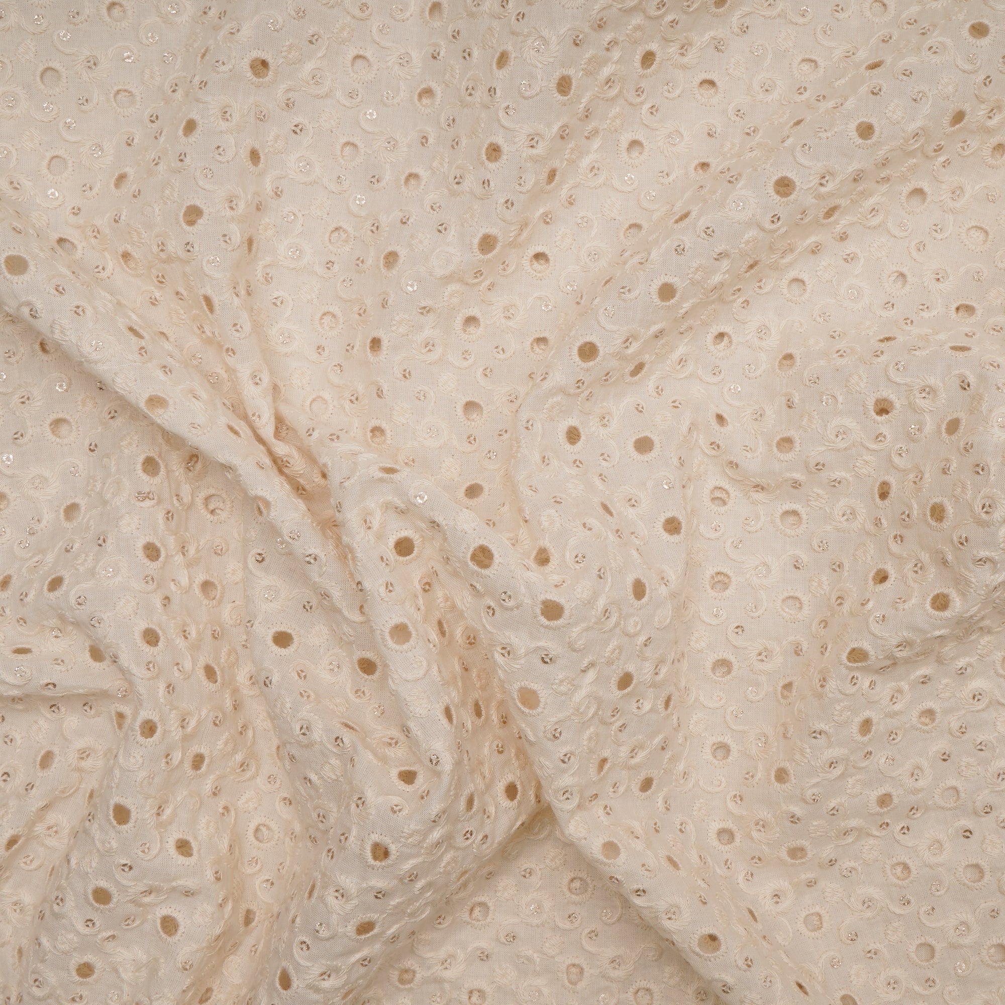 Cream All Over Cut Work Emboidered Kora Cotton Fabric
