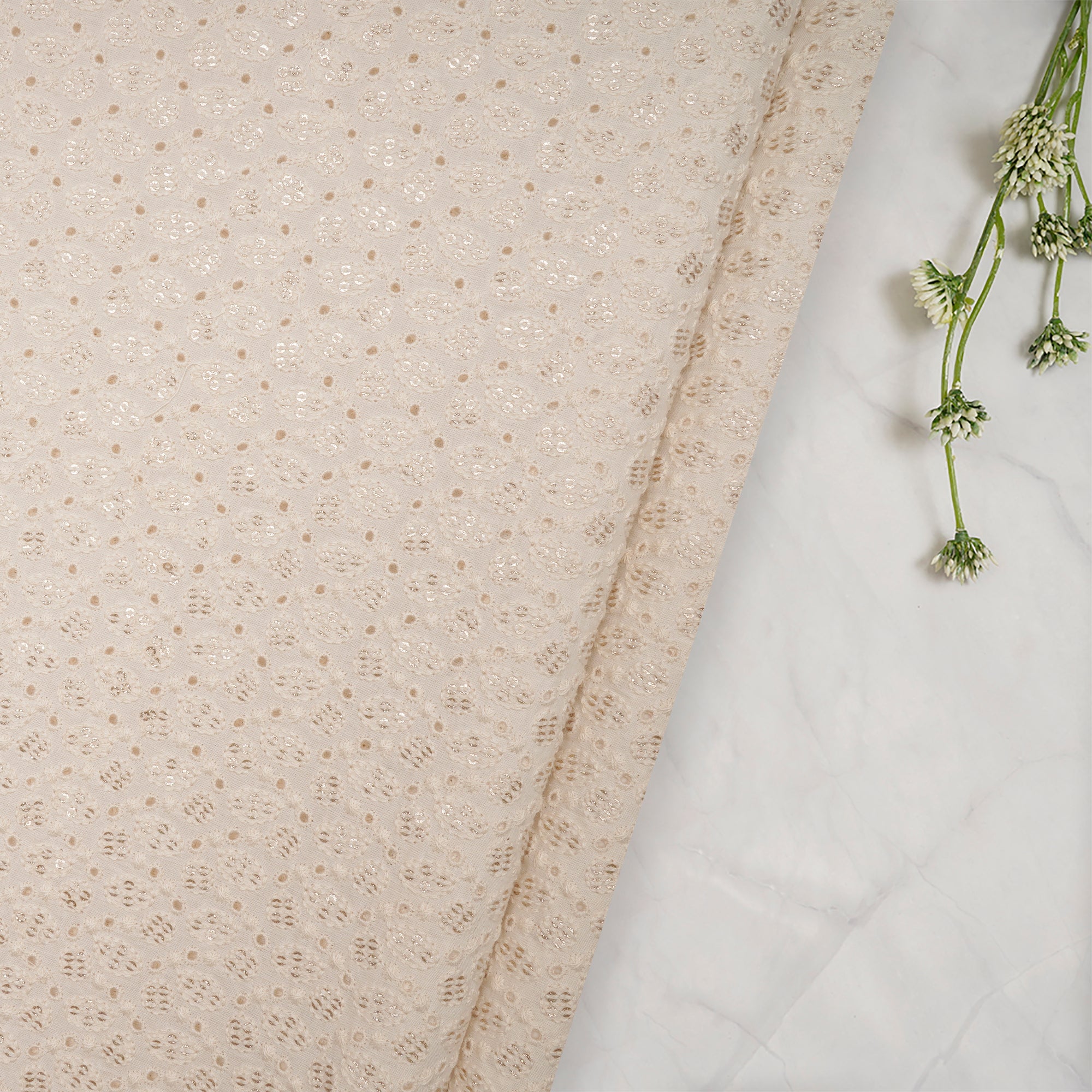 Cream All Over Cut Work Emboidered Kora Cotton Fabric