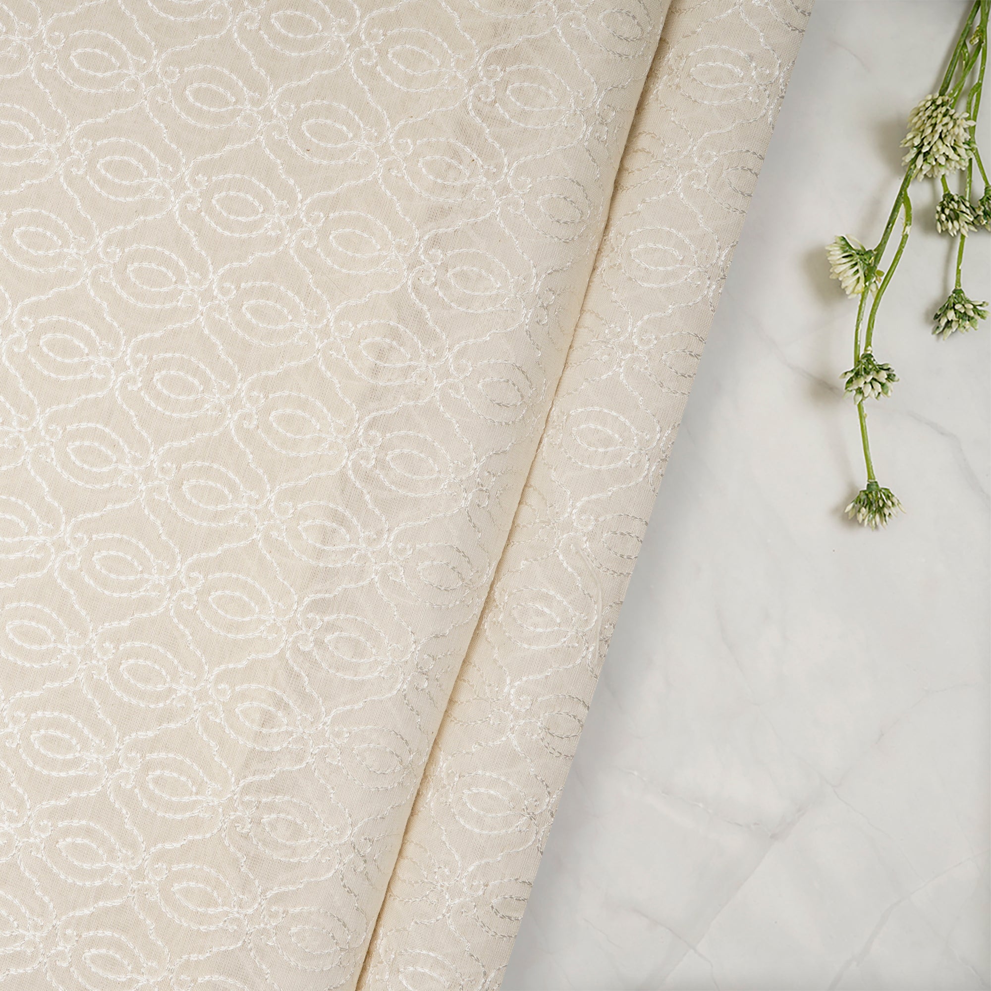 Off-White Dyeable All Over Pattern Embroidered Chanderi Fabric