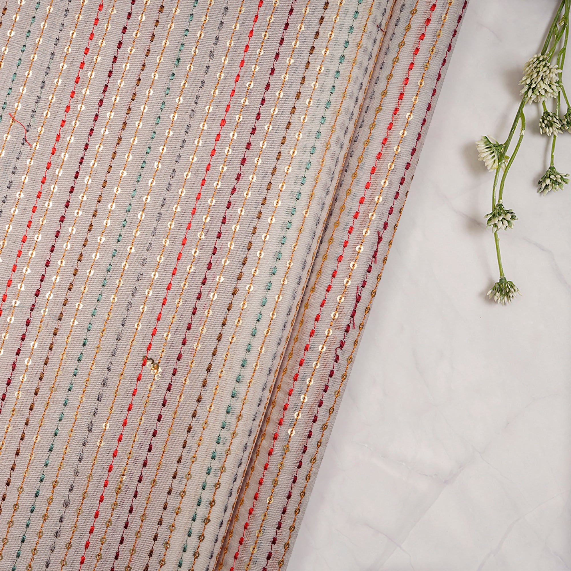 Multi Color Dyeable Stripe Pattern Embroidered Chanderi Fabric
