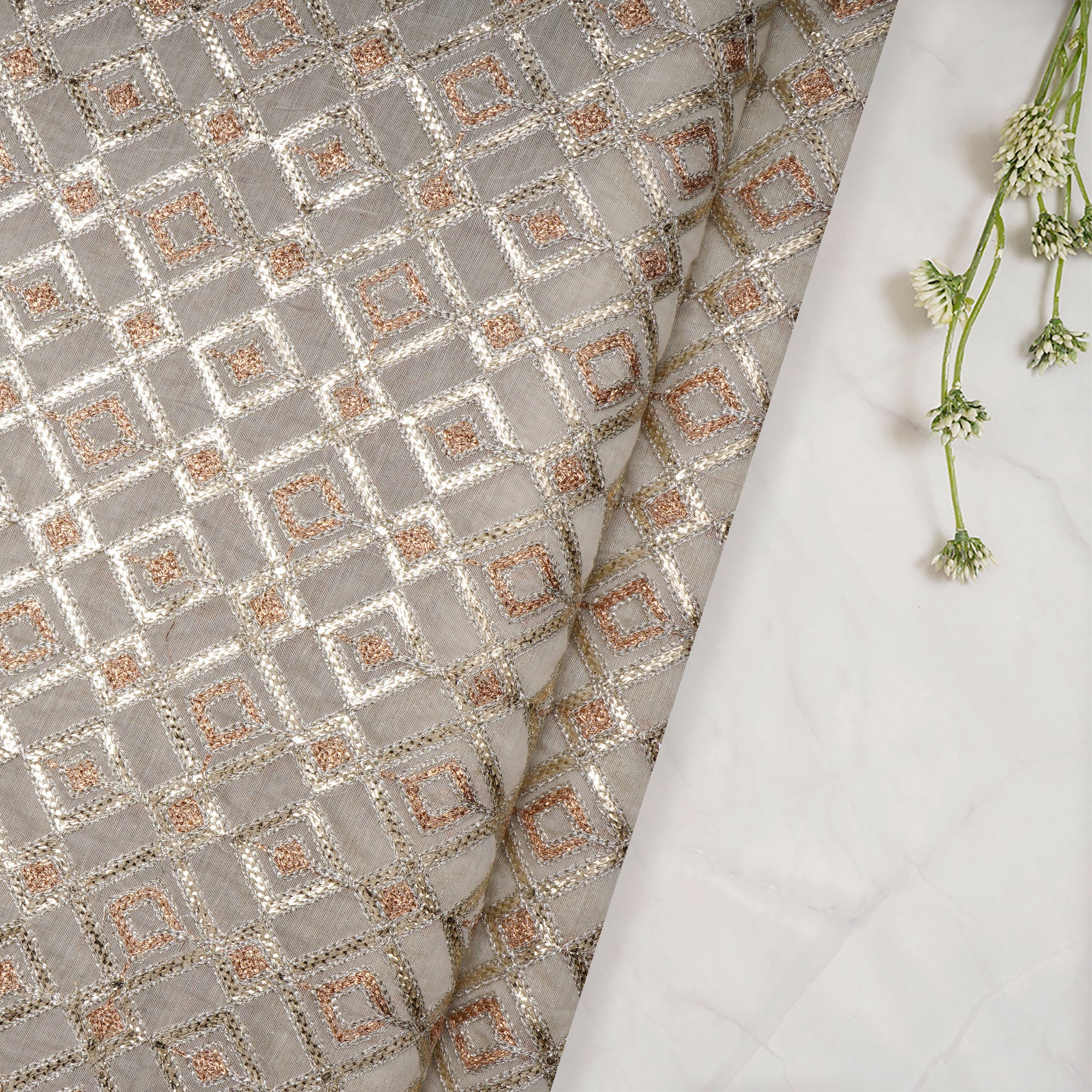 Off White Dyeable All Over Pattern Embroidered Chanderi Fabric