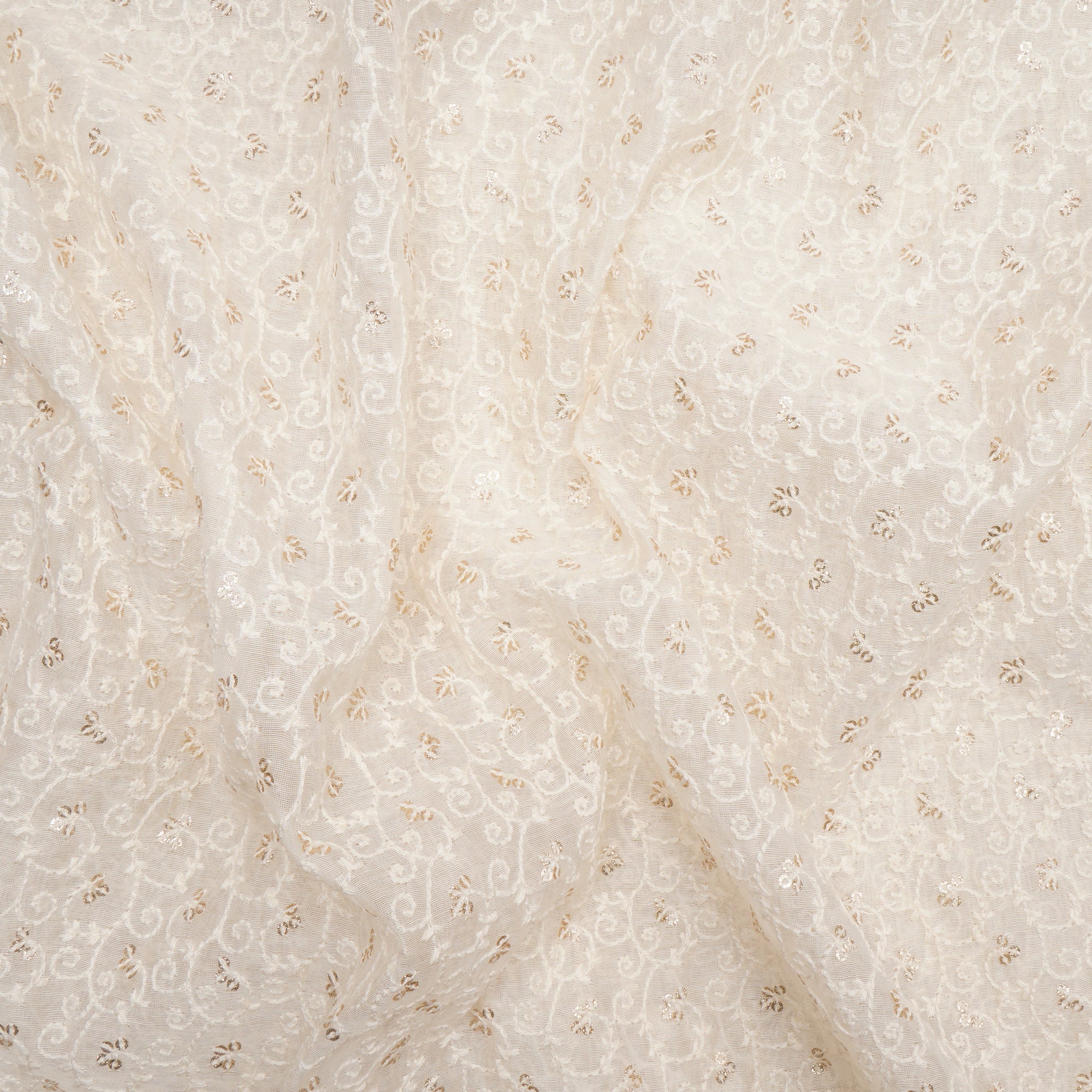 Off White Dyeable All Over Pattern Thread & Sequins Embroidered Chanderi Fabric