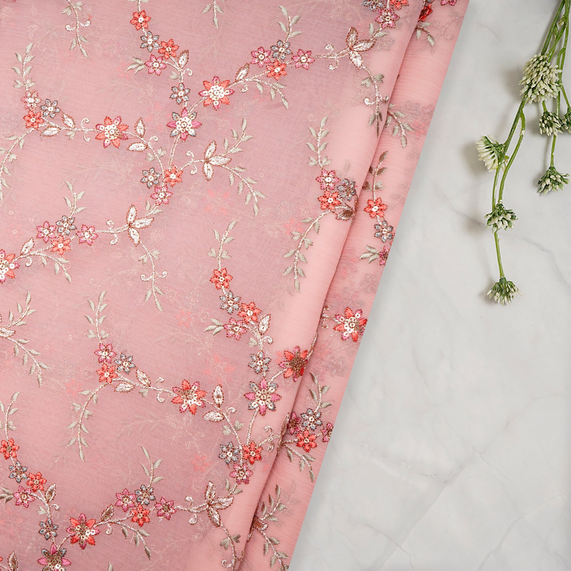 Baby Pink Floral Pattern Thread Sequins Embroidered Bemberg Chiffon Fabric