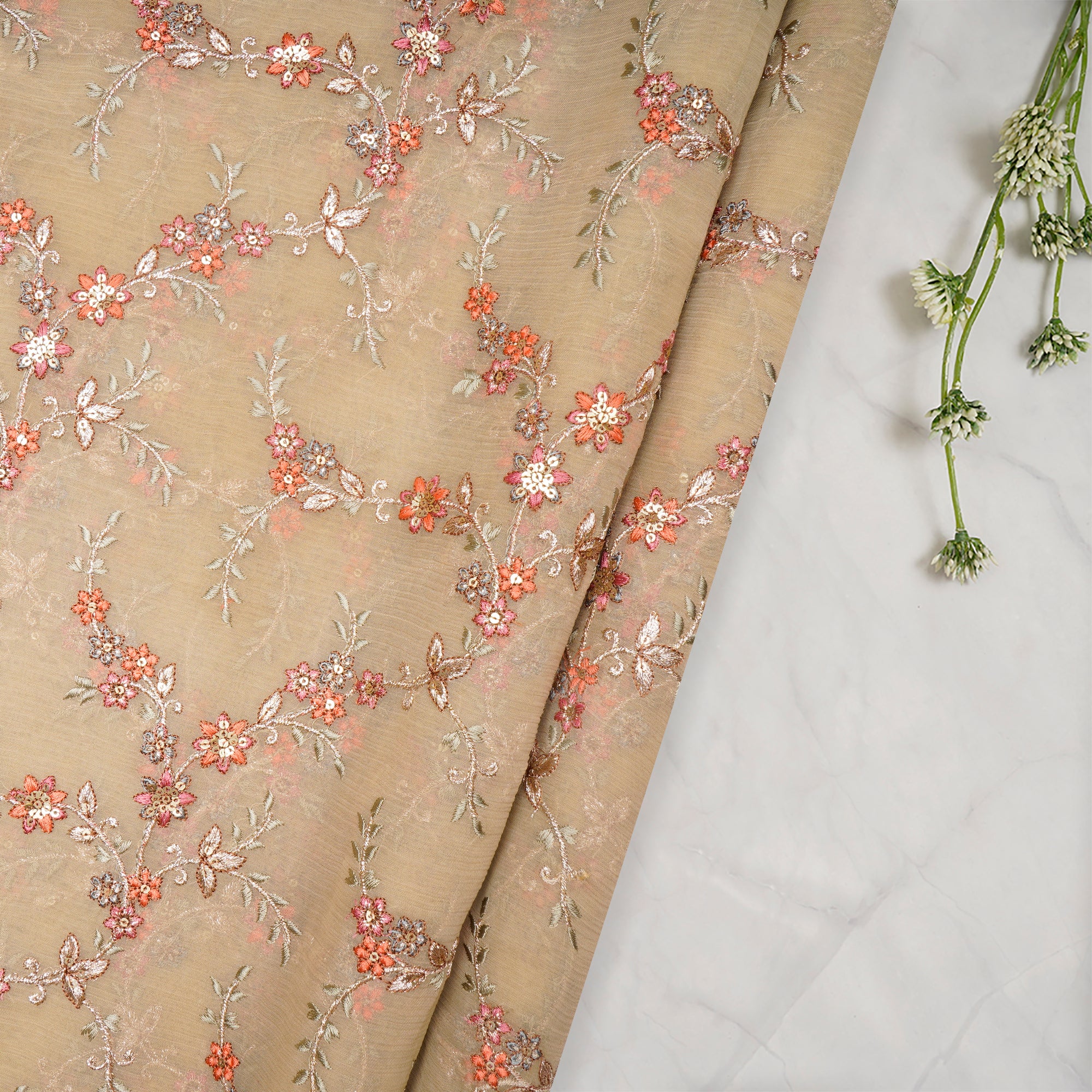 Beige Floral Pattern Thread Sequins Embroidered Bemberg Chiffon Fabric