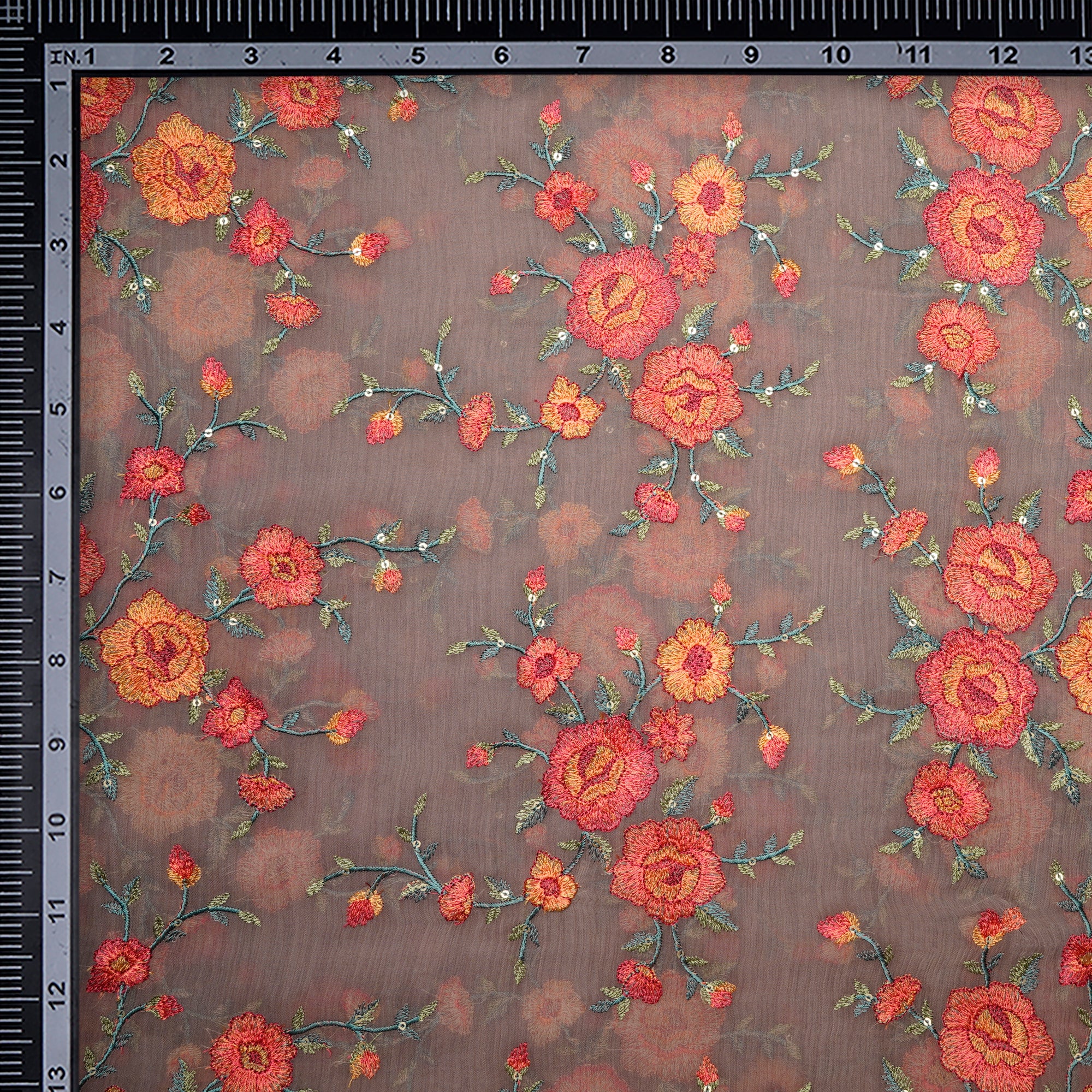 Eggplane Floral Pattern Thread Sequins Embroidered Bemberg Chiffon Fabric