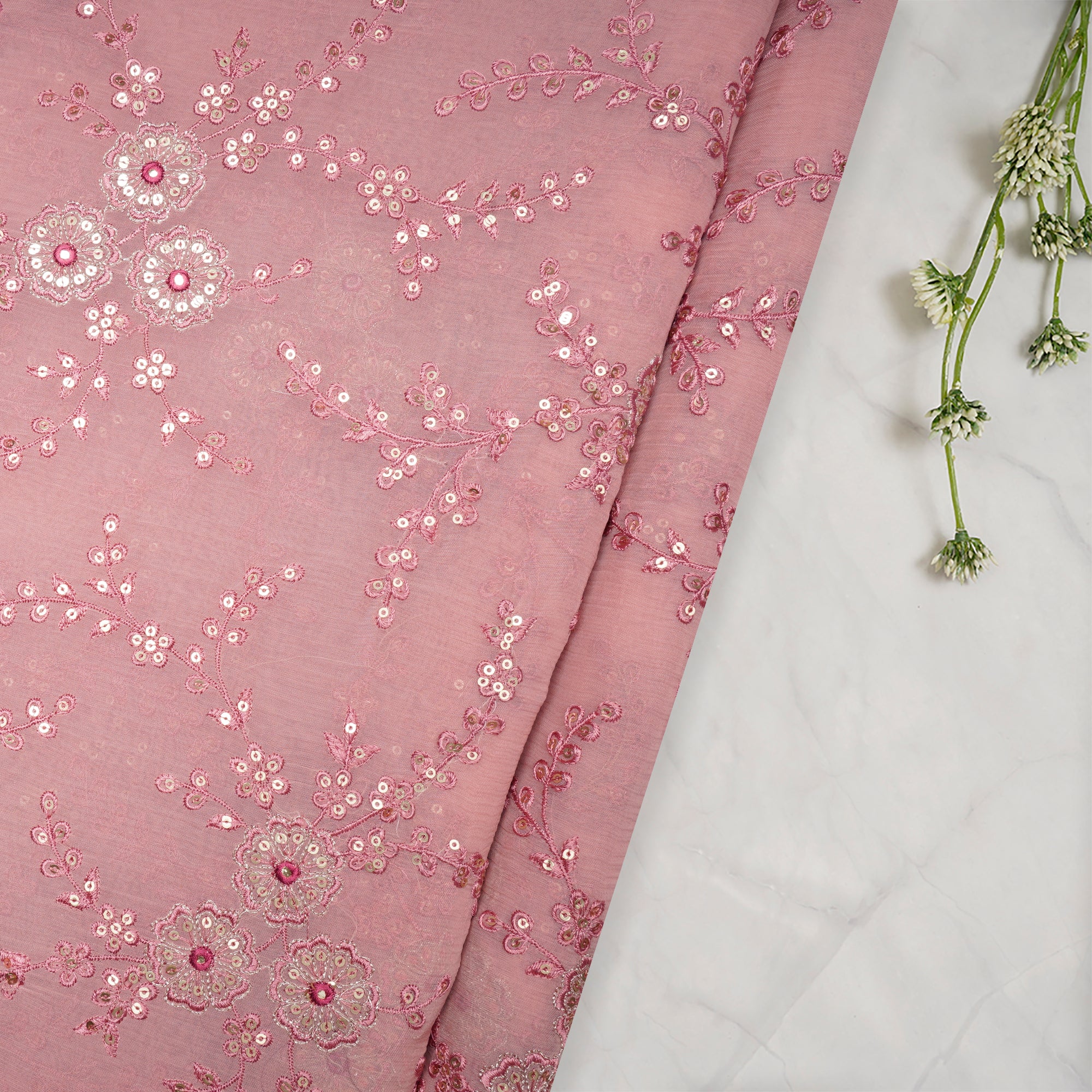 Baby Pink Floral Pattern Thread Sequins Embroidered Bemberg Chiffon Fabric