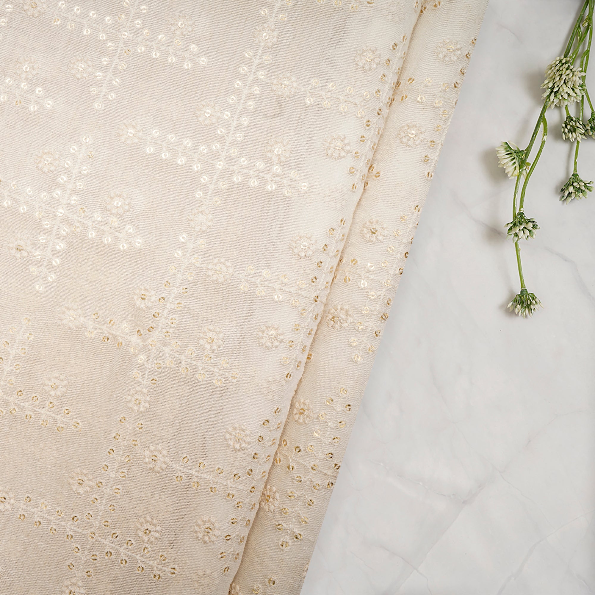 White Dyeable All Over Pattern Sequins Embroidered Chanderi Fabric