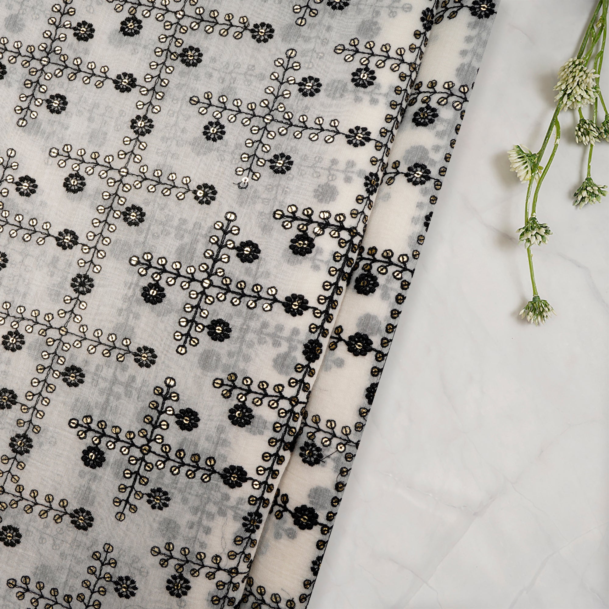 White-Black All Over Pattern Sequins Embroidered Chanderi Fabric