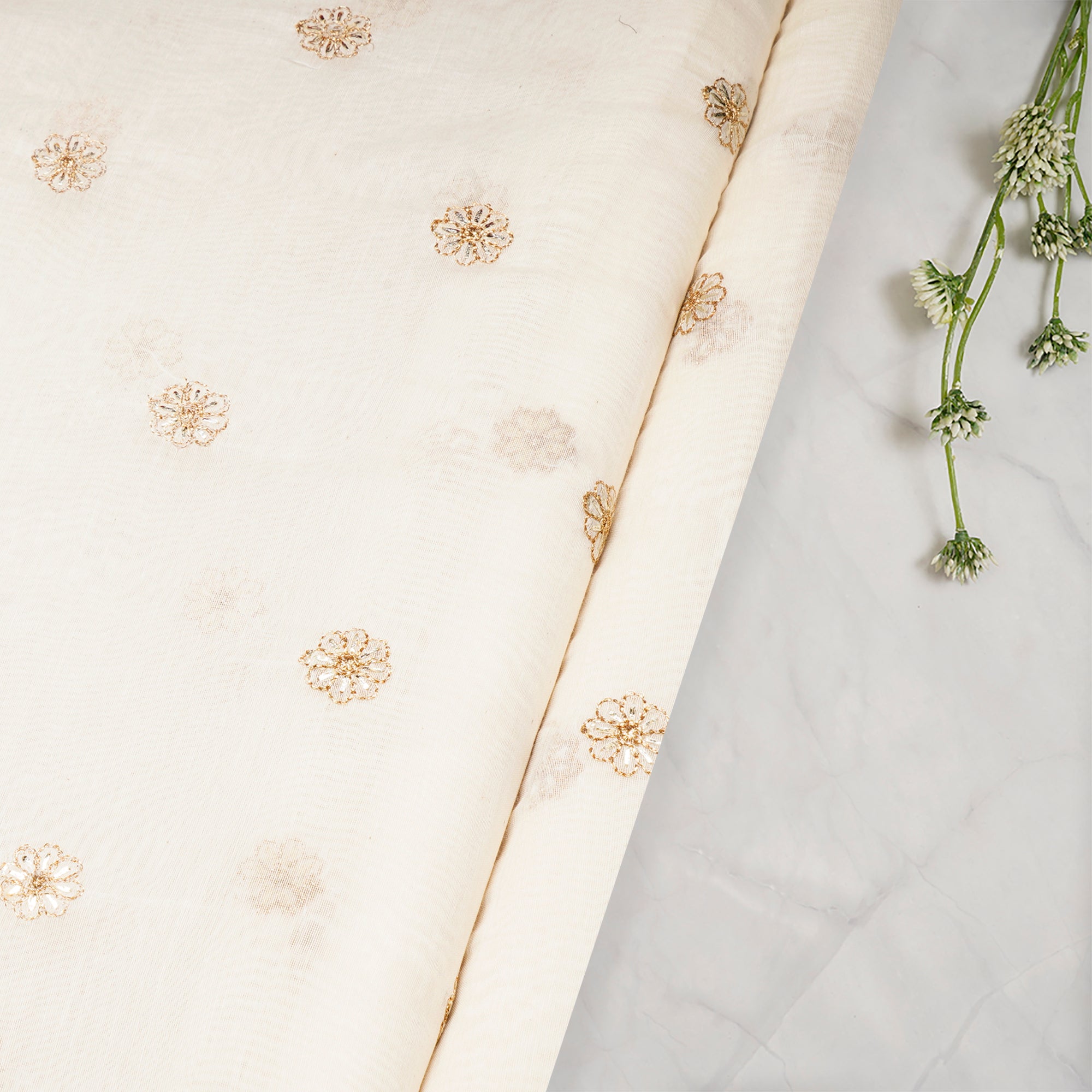 Off White Dyeable Booti Pattern Zari Embroidered Chanderi Fabric