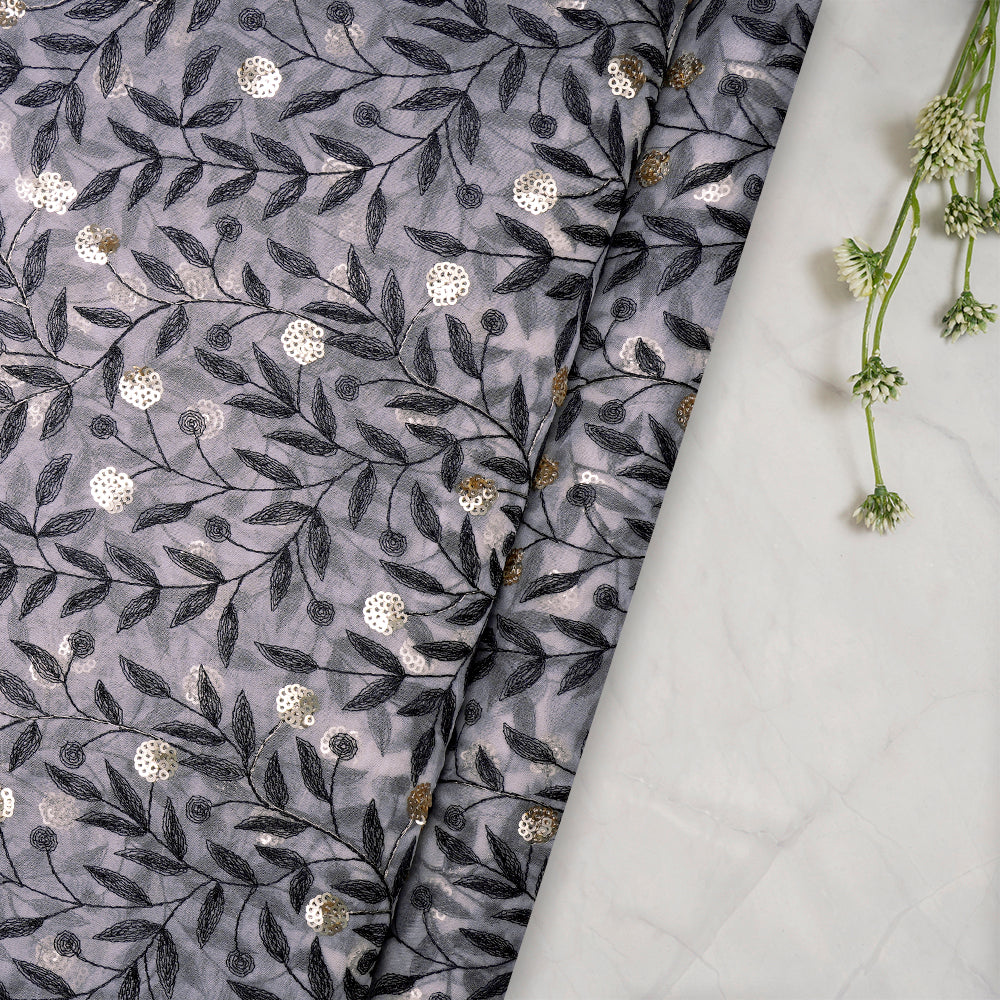 White Color Embroidered Pure Organza Silk Fabric With Sequins Work