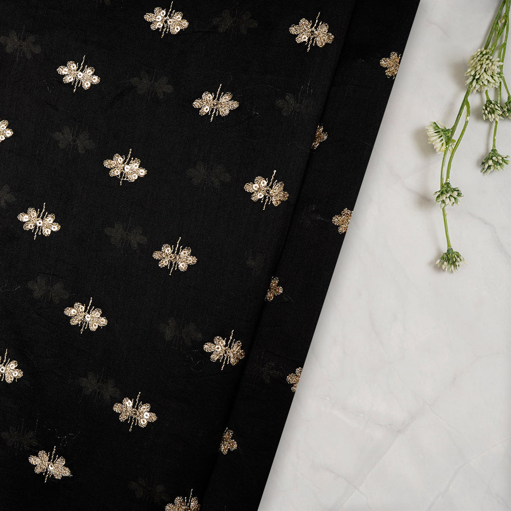 Black Color Embroidered Pure Chanderi Fabric with Sequence