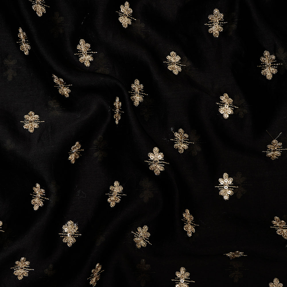 Black Color Embroidered Pure Chanderi Fabric with Sequence