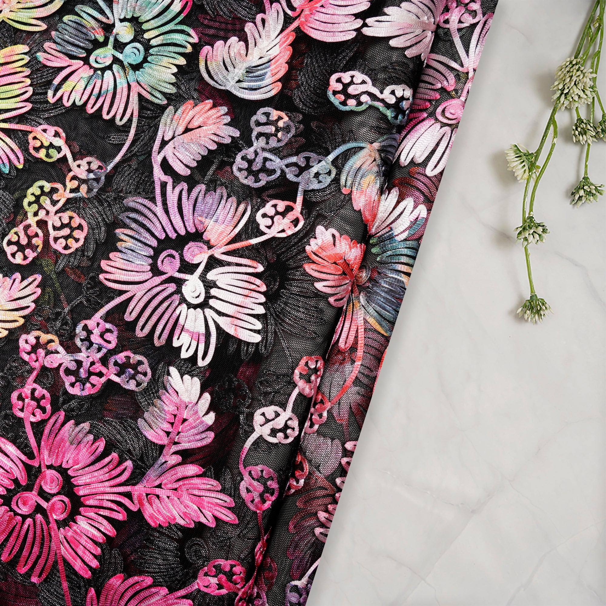 Multi Color Embroidered Net Fabric