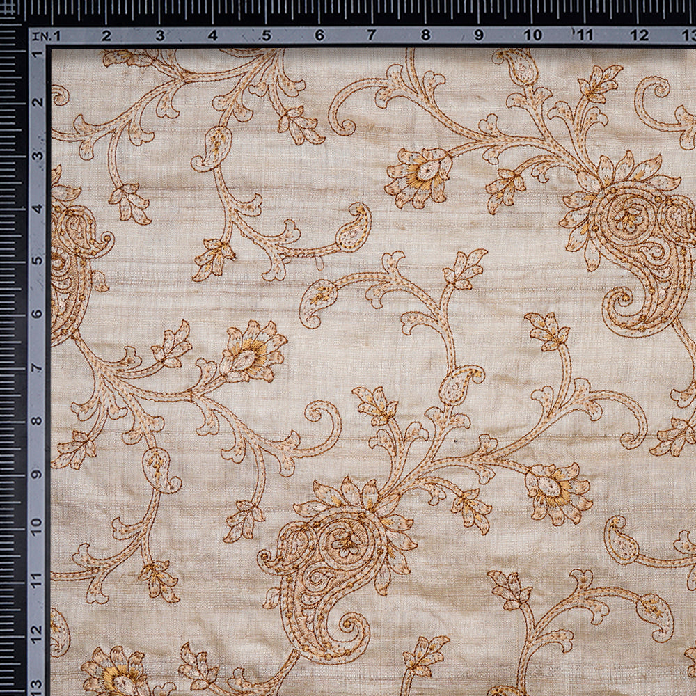 Beige Color Embroidered Pure Tussar Silk Fabric