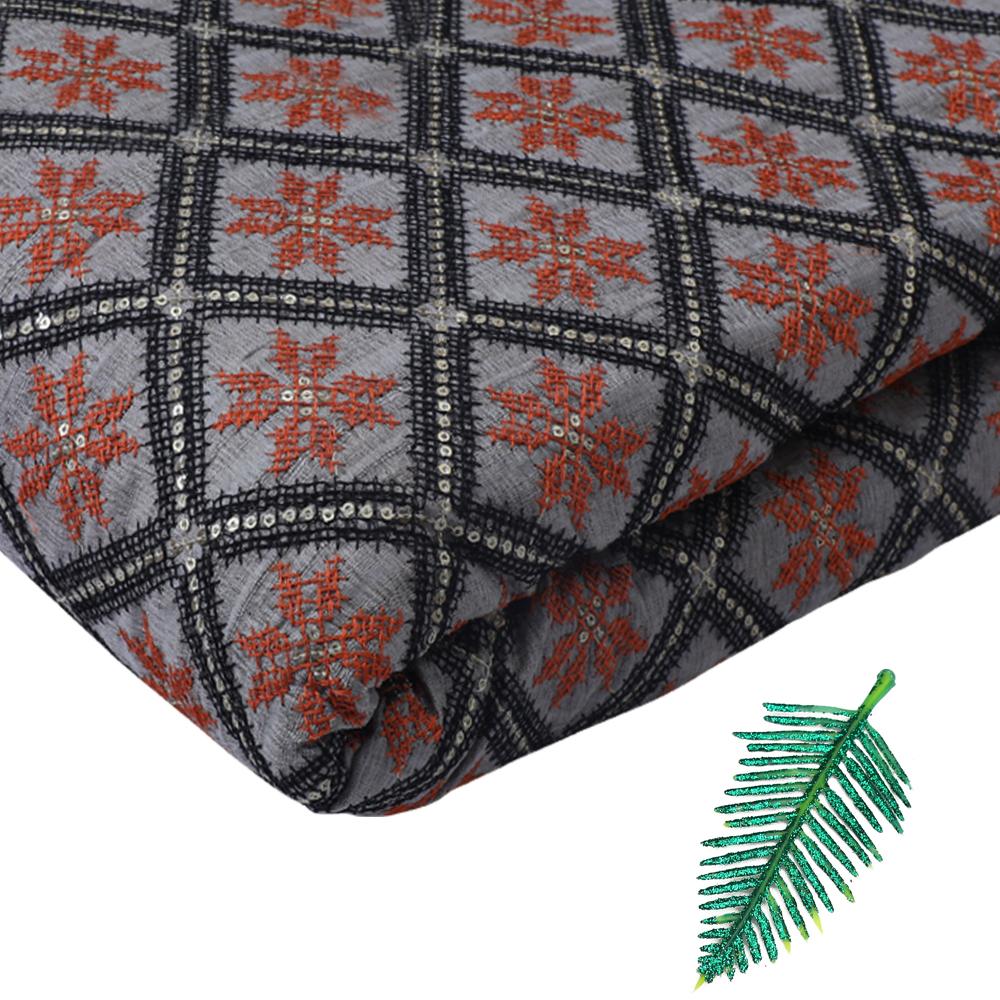Black-Orange Color Embroidered Tussar Silk Fabric