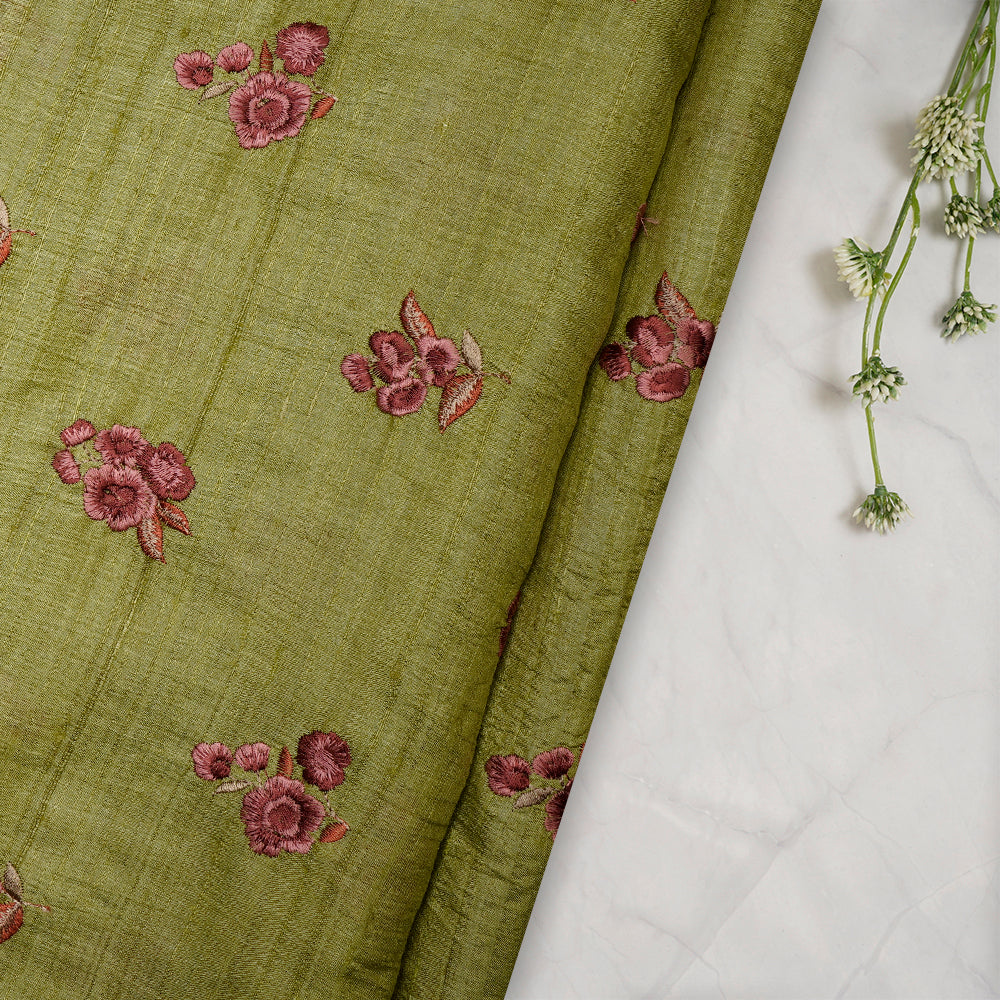 Green Color Embroidered Tussar Silk Fabric