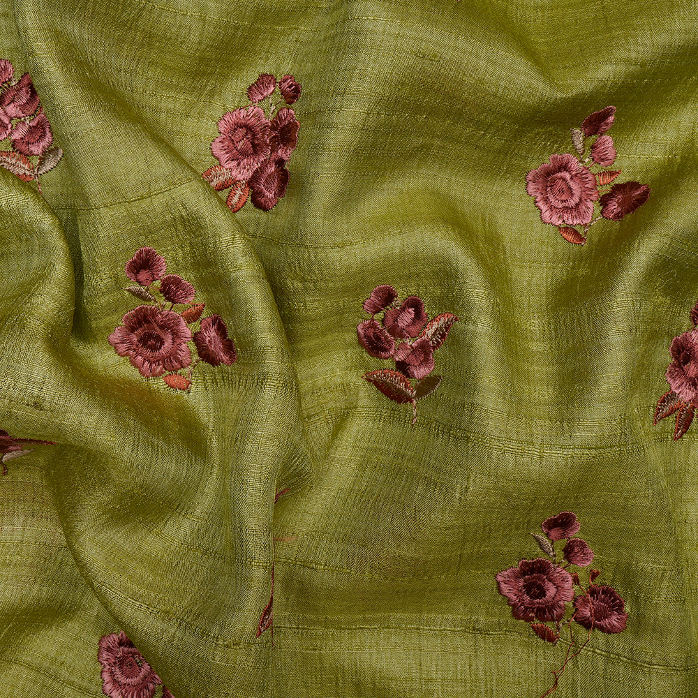 Green Color Embroidered Tussar Silk Fabric