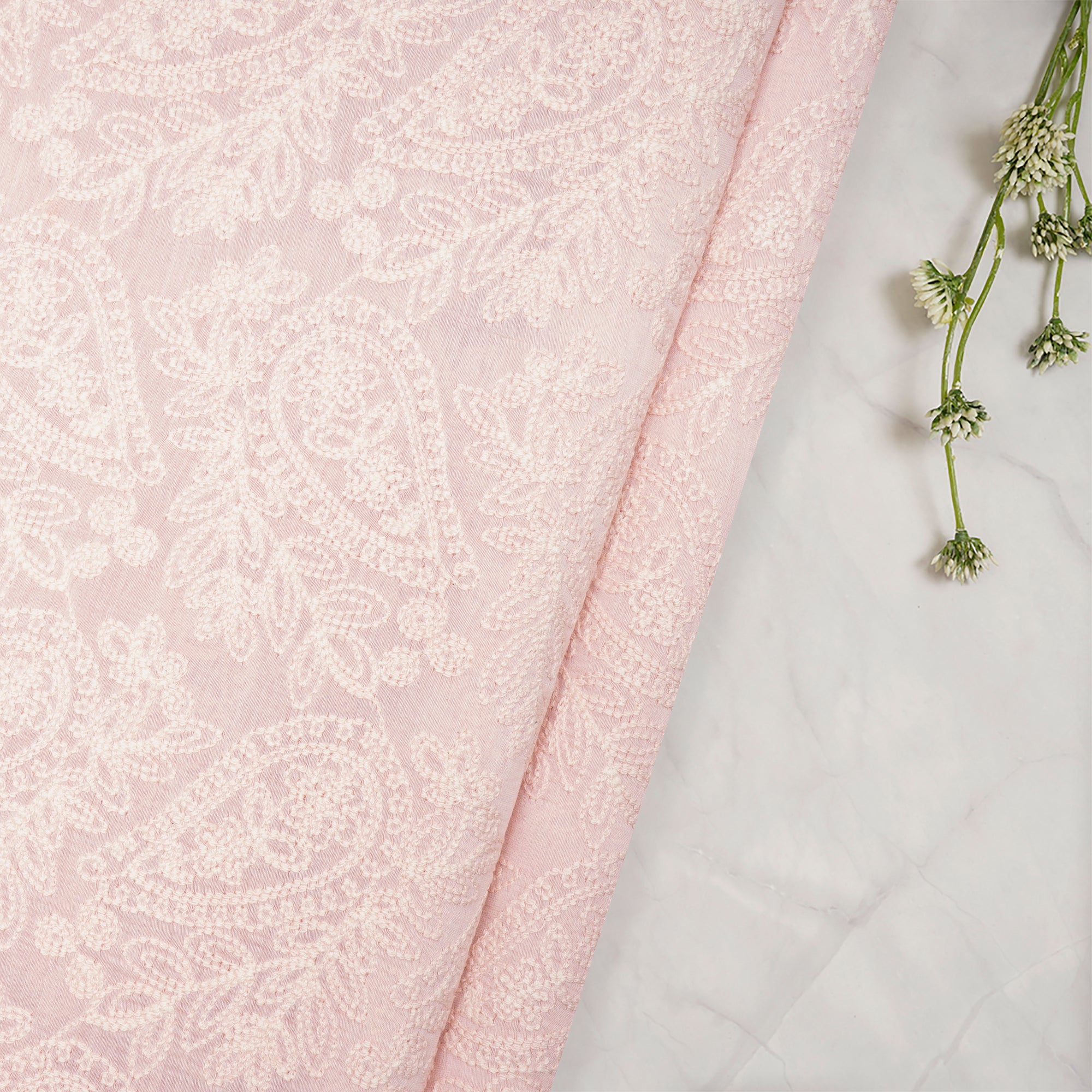 Powder Pink All Over Patteen Thread Embroidered Chanderi Fabric