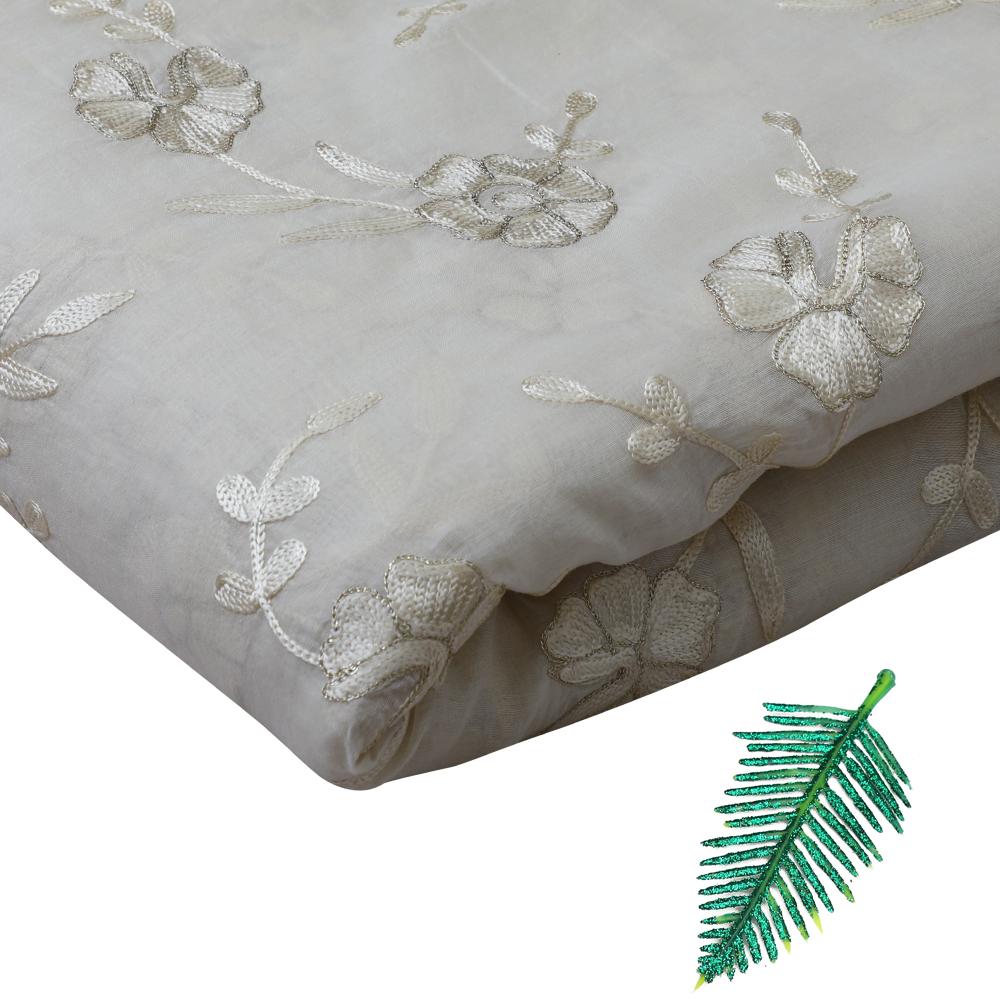 (Pre Cut 3 Mtr piece) White Color Embroidered Fine Chanderi Fabric