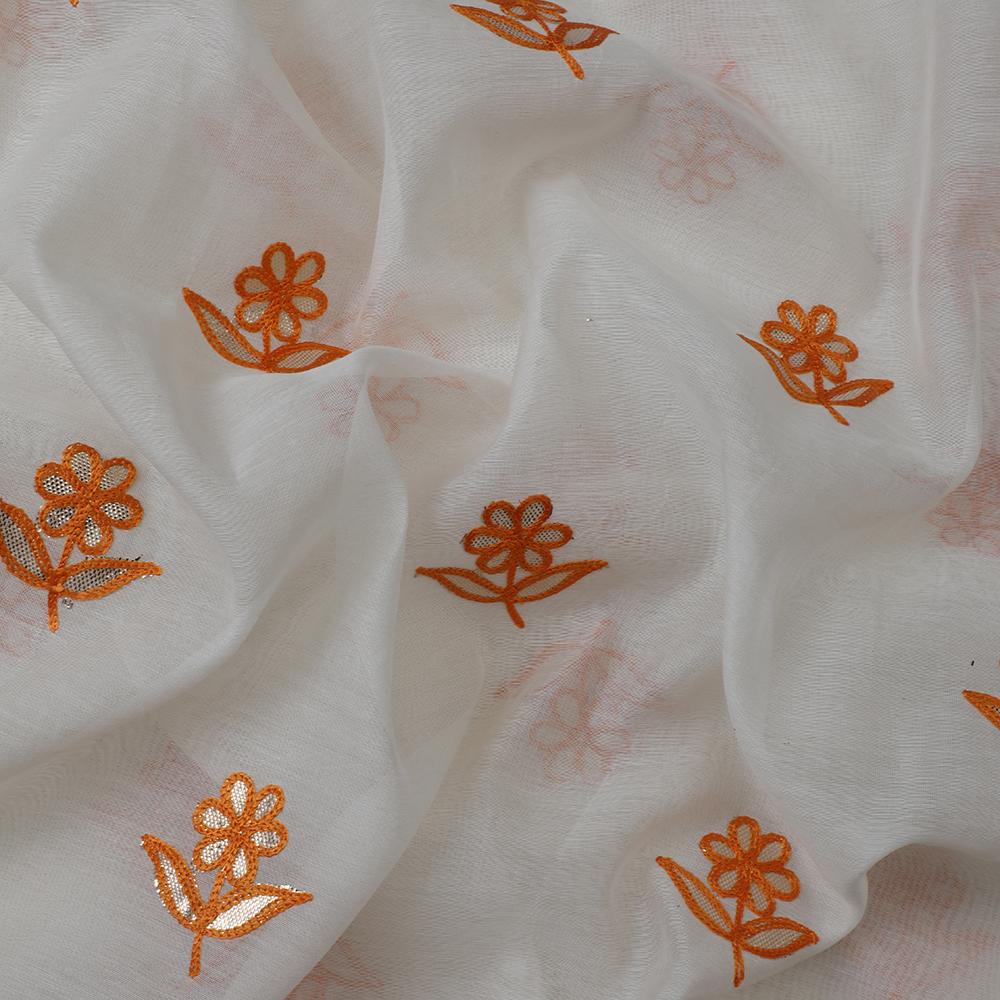 White-Mustard Color Embroidered Fine Chanderi Fabric