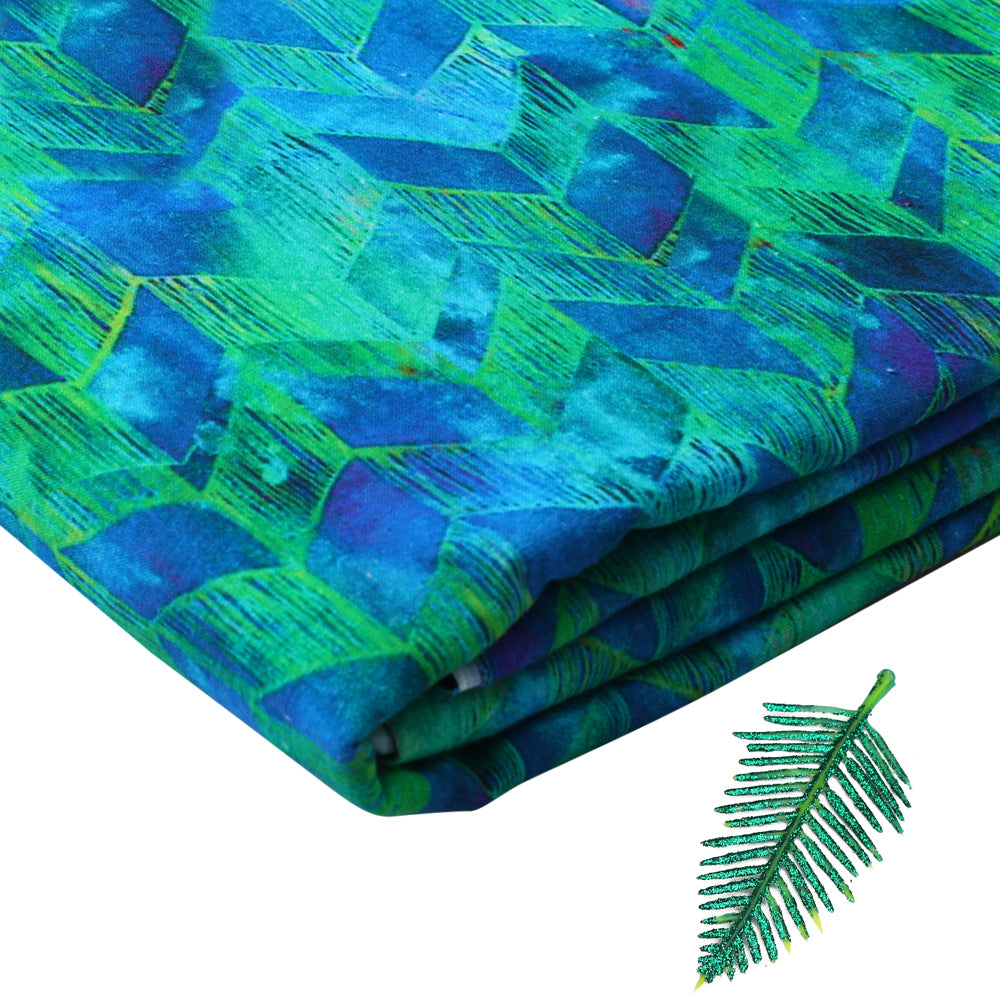 Blue-Green Color Digital Printed Muslin Cotton Fabric