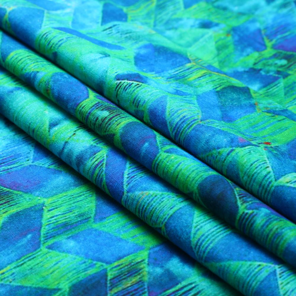 Blue-Green Color Digital Printed Muslin Cotton Fabric
